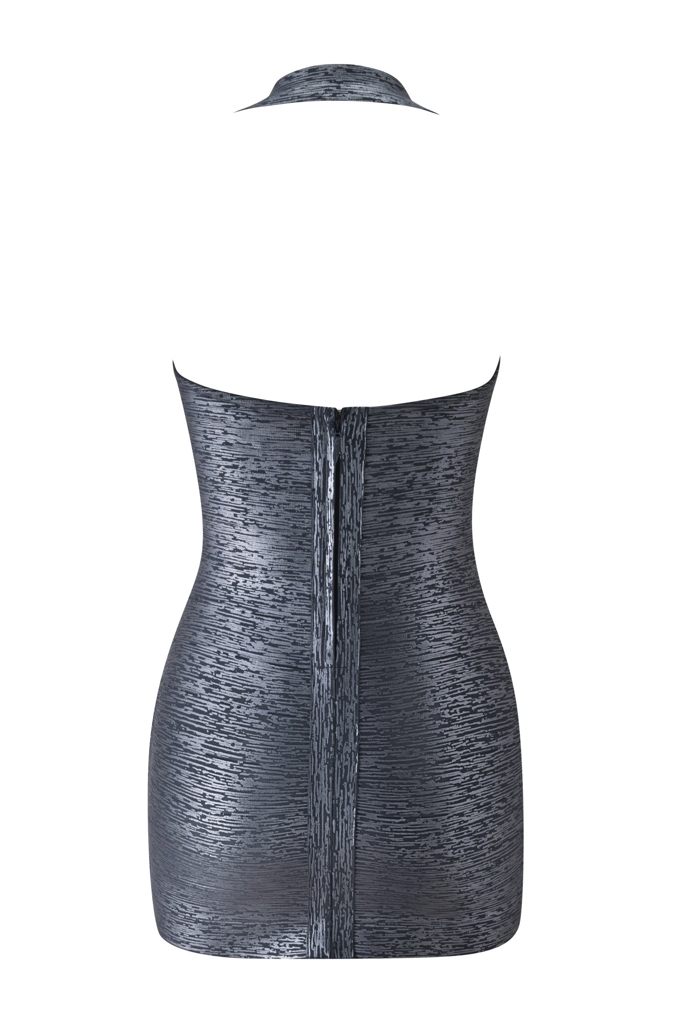 The I.AM.GIA AIDEN PLATINUM BANDAGE MINI DRESS in charcoal is a strapless, textured bodycon mini dress with a metallic gray finish. Closely hugging the figure, it features a vertical center seam down the back and is showcased against a white background.