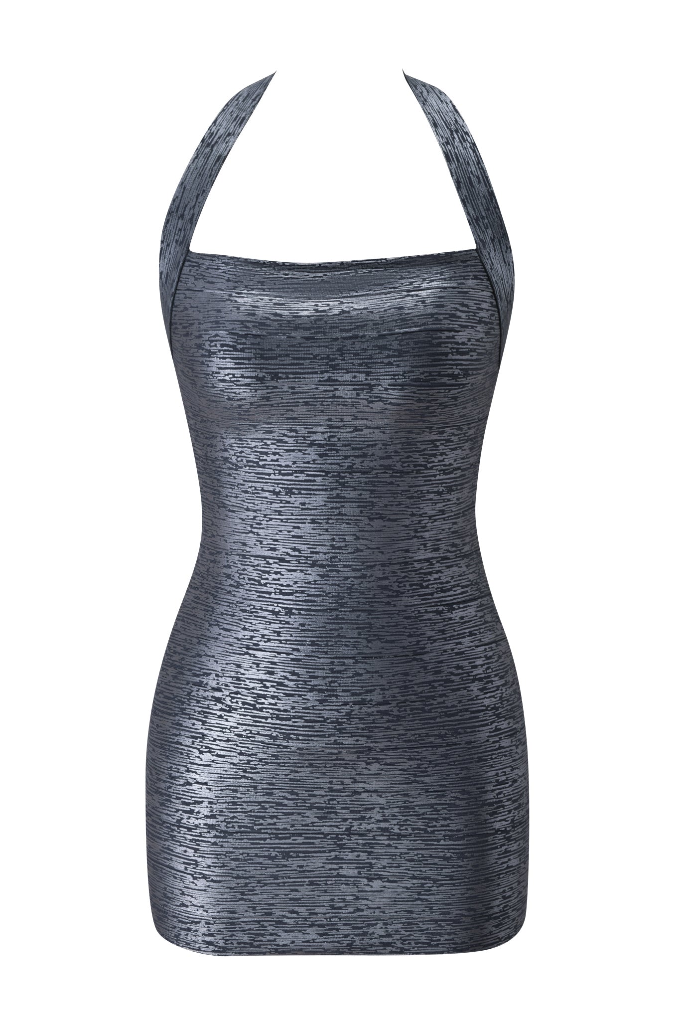 The AIDEN PLATINUM BANDAGE MINI DRESS in Charcoal by I.AM.GIA is a sleeveless, metallic-textured bodycon mini dress featuring a halter neckline and fitted silhouette, displayed on a white background.