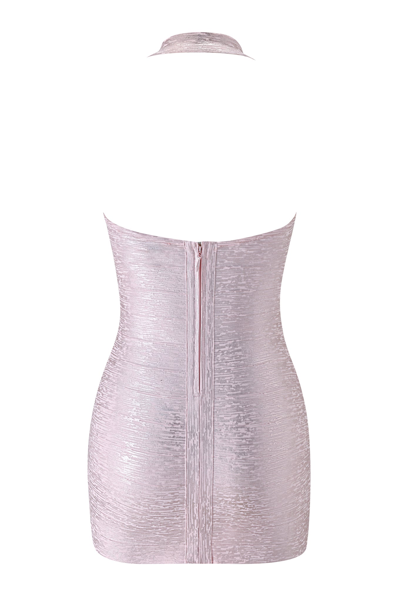 A light pink, textured, strapless AIDEN PLATINUM BANDAGE MINI DRESS - PINK PEARL by I.AM.GIA, featuring a back zipper and matching choker, displayed on a plain white background.