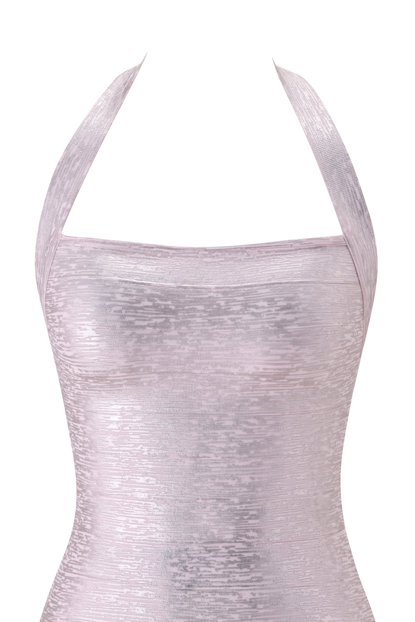 A close-up of the AIDEN PLATINUM BANDAGE MINI DRESS in Pink Pearl by I.AM.GIA features the sleeveless, light pink, textured halter neckline on a white background—highlighting the upper torso and showcasing this chic style's signature elegance.