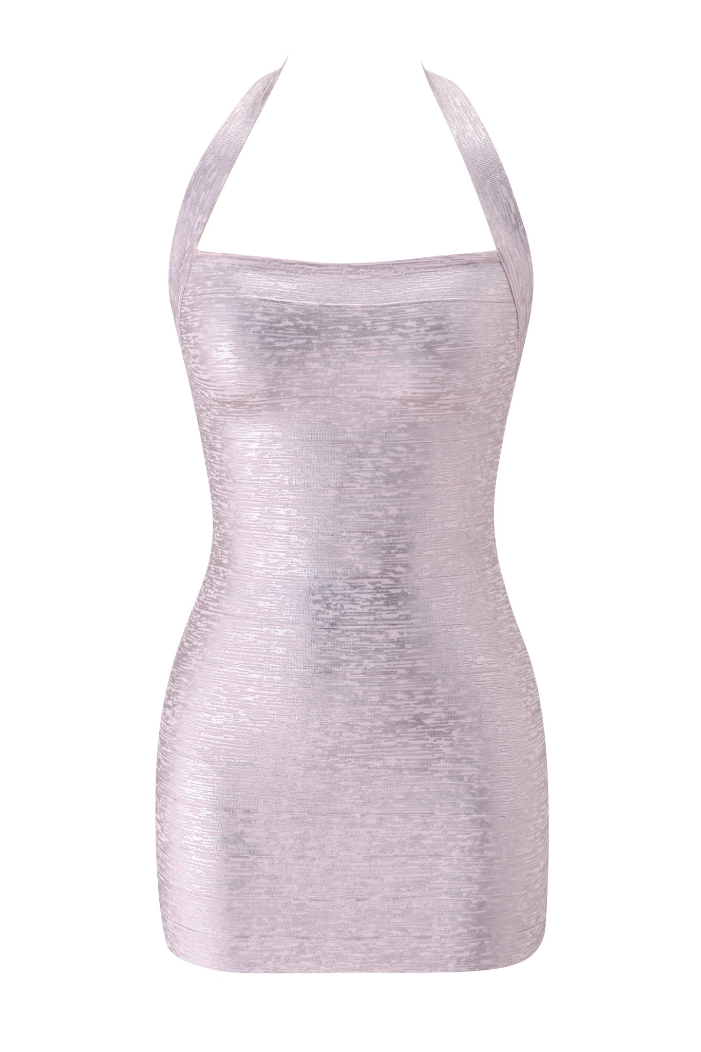 The I.AM.GIA AIDEN PLATINUM BANDAGE MINI DRESS in Pink Pearl is shown against a plain white background. This sleeveless, fitted mini dress features a halter neckline and a subtle textured shimmer throughout the fabric, making it an ideal choice for those seeking a sophisticated pink bodycon look.