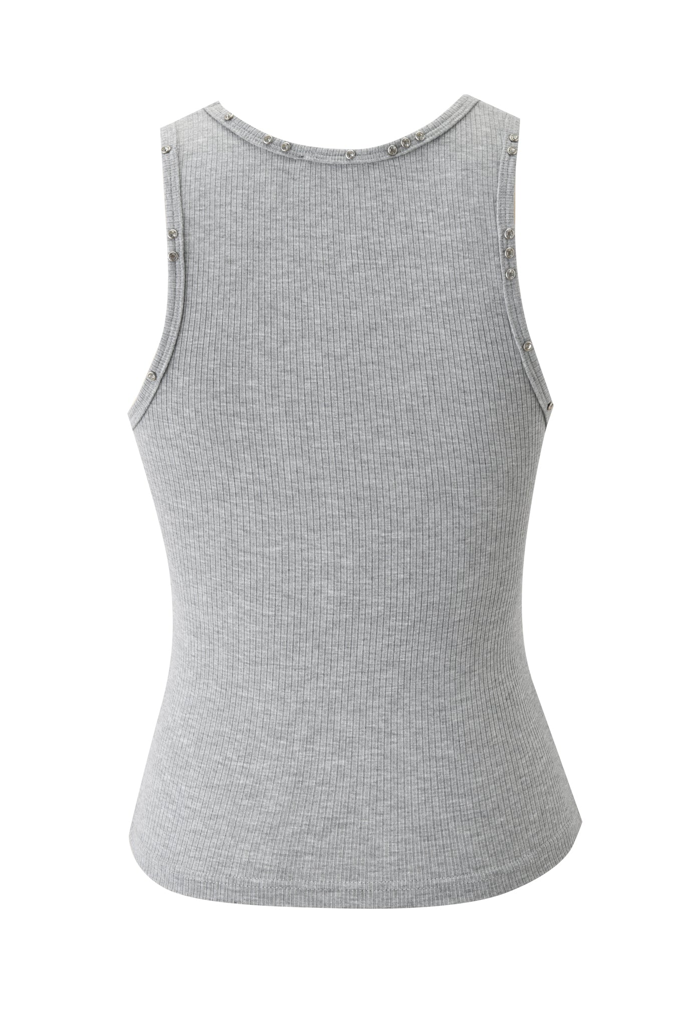 The INA TANK by I.AM.GIA is a sleeveless, heather grey ribbed tank with a round neckline and fitted racerback silhouette, shown from the back.