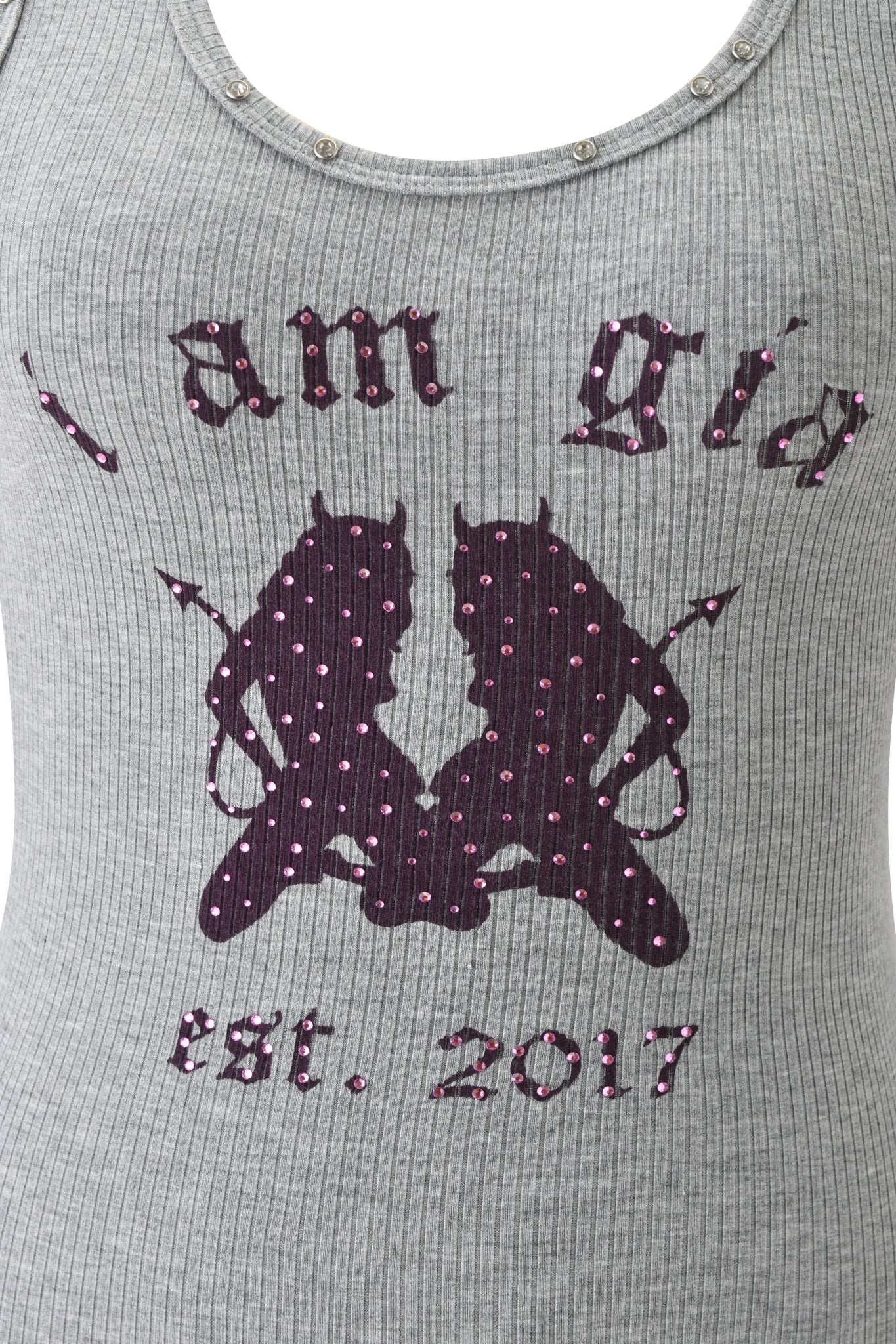 Close-up of the INA TANK in heather grey by I.AM.GIA, featuring ribbed fabric, two dark purple rhinestone devil silhouettes with pink spots, "I.AM.GIA" text above and "est. 2017" below.