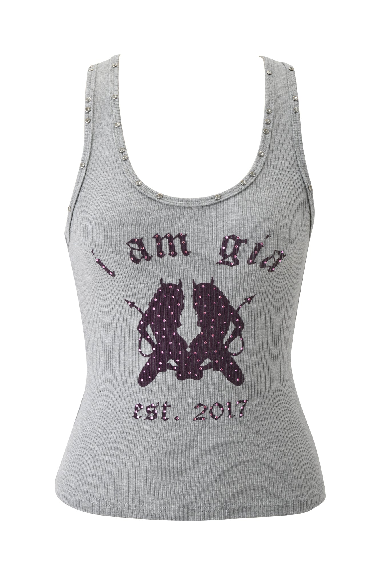 The I.AM.GIA INA TANK in heather grey is a ribbed bodycon racer tank with silver studded straps, a front graphic of two mirrored black cats, and “I am gia Est. 2017” text.