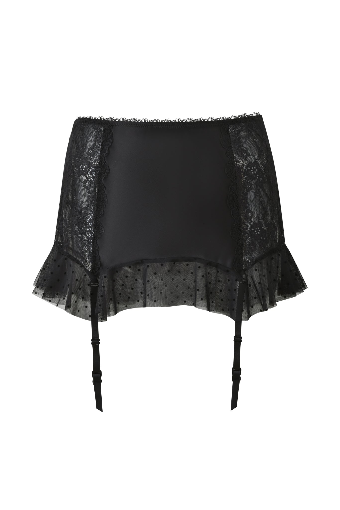 The CIRA GARTER MINI SKIRT - BLACK by I.AM.GIA features sheer lace panels, a ruffled polka-dot trim at the hem, and adjustable garter straps for a sultry, sophisticated look.