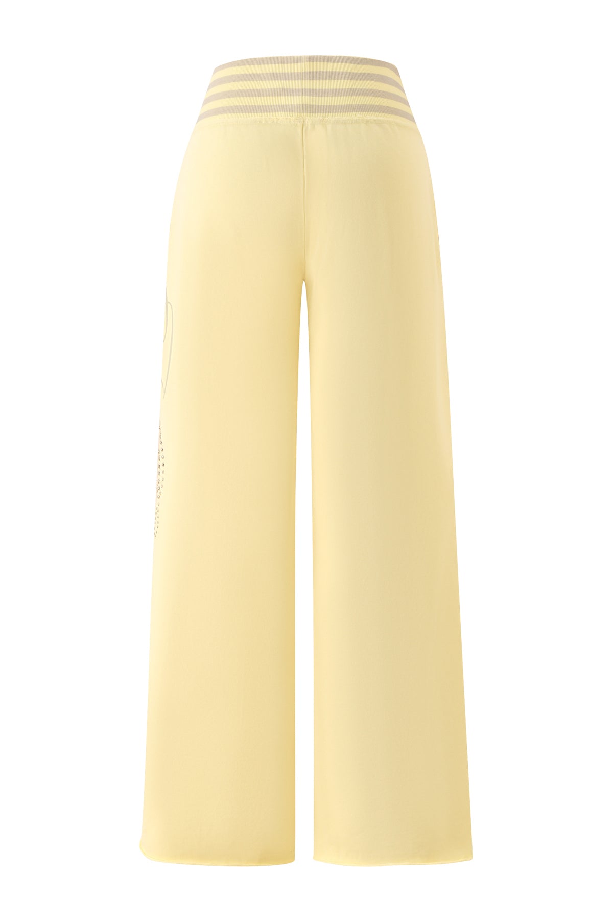 Back view of the I.AM.GIA VEDA PANT in yellow, featuring a light yellow wide-leg silhouette with a striped elastic waistband and no visible pockets or closures, inspired by the signature style of I.AM.GIA track pants.
