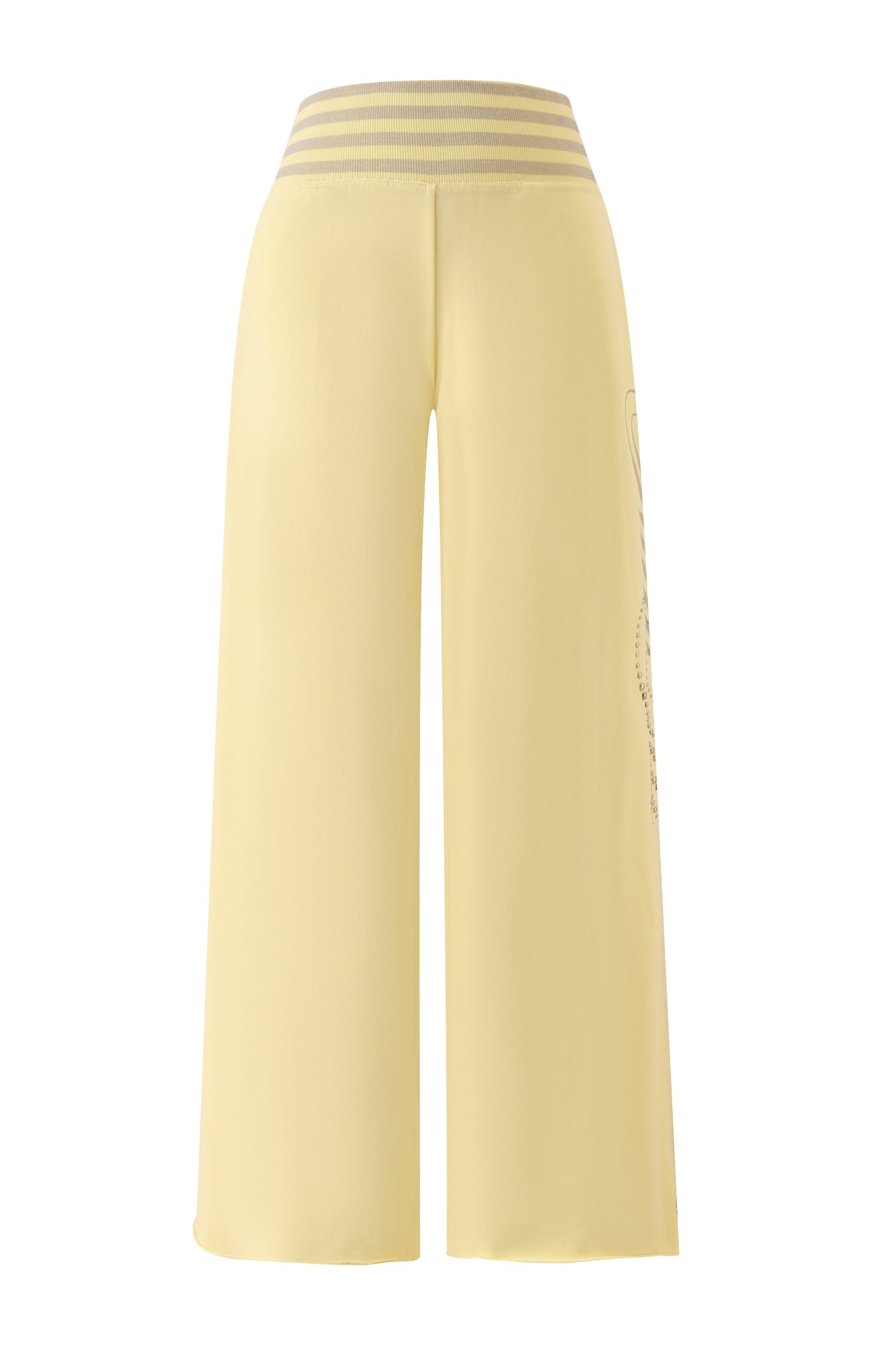 The VEDA PANT - YELLOW by I.AM.GIA features a high-waisted, wide-leg silhouette in light yellow, accented with a striped elastic waistband and showcased from the back against a white background.