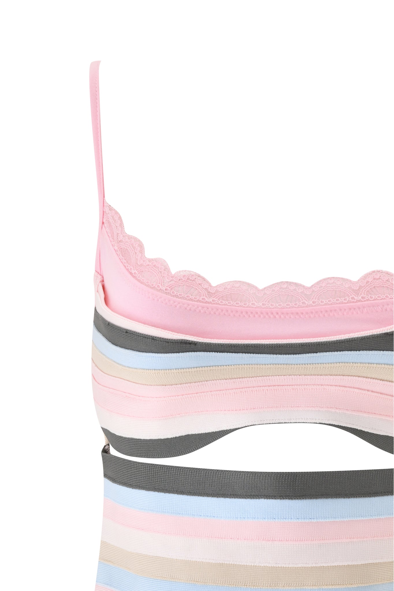 Close-up of the NYNA BANDAGE CAMI TOP by I.AM.GIA in baby pink, featuring pastel horizontal stripes, scalloped lace trim on the top edge, and a cutout below the bust.