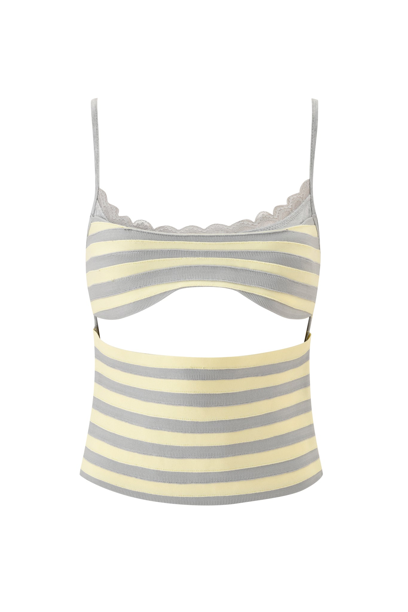 The I.AM.GIA NYNA BANDAGE CAMI TOP - YELLOW is a cropped bodycon top with thin straps, grey and pale yellow stripes, a scalloped neckline, and an underbust cutout.