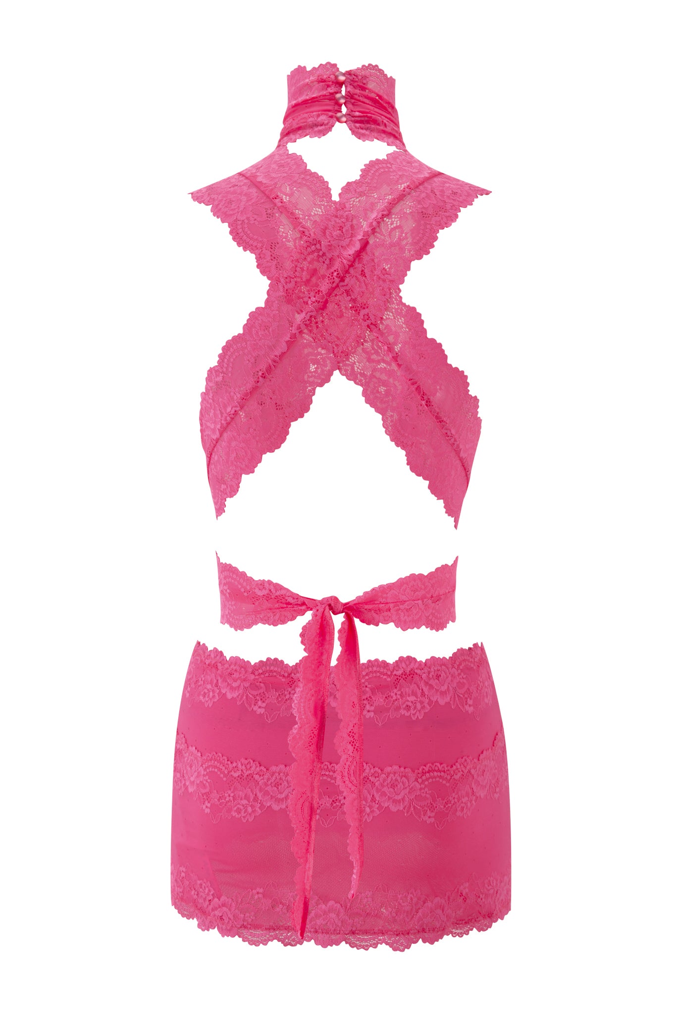 The STARLA MINI DRESS by I.AM.GIA in pink features crisscross halter straps, a choker neckline, open back, wrap waist straps, and a sheer lace skirt with scalloped edges for a sultry look.