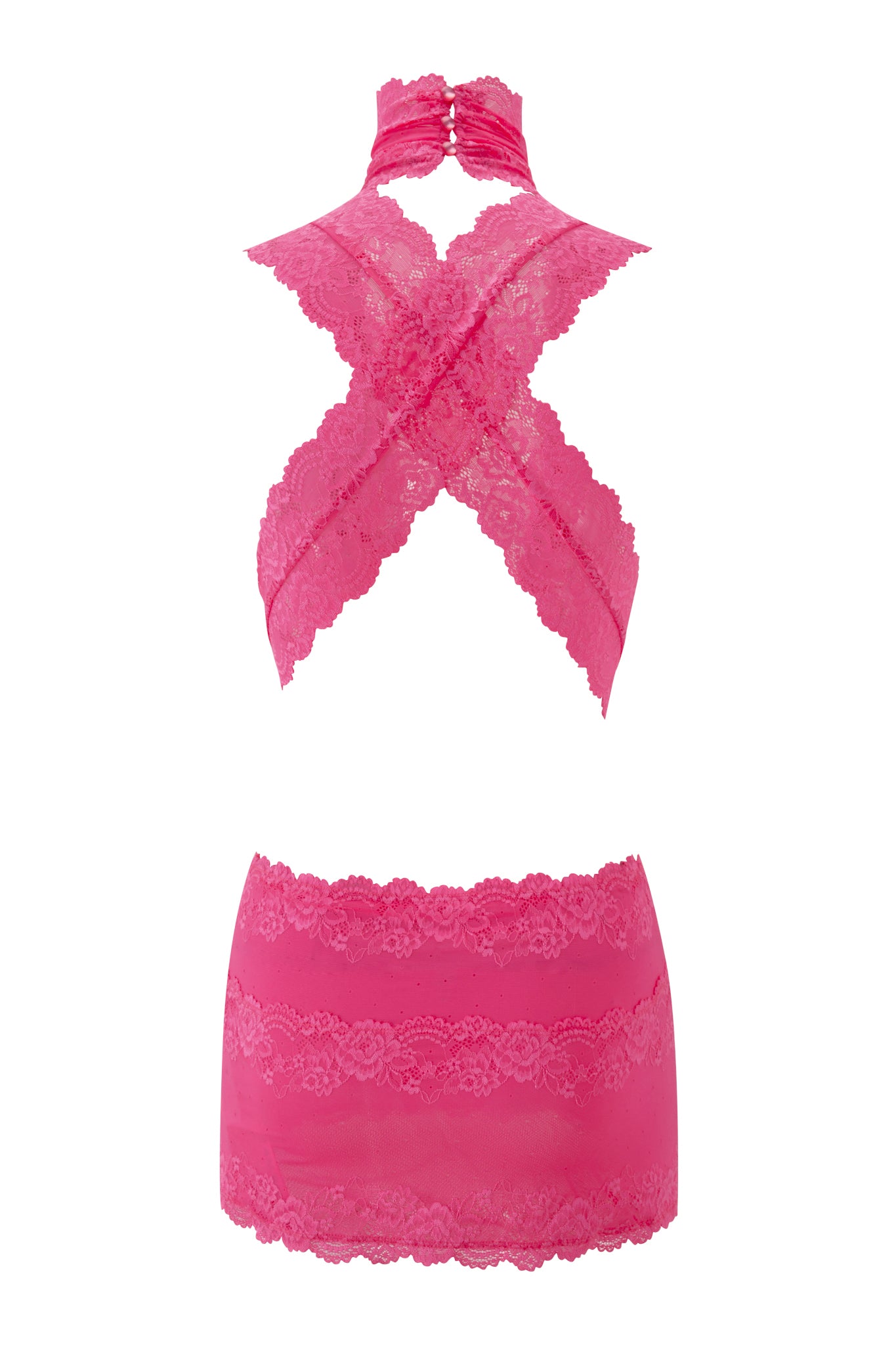 The STARLA MINI DRESS - PINK by I.AM.GIA features a bright pink sheer floral lace design, cross-back halter top with scalloped edges, and a matching high-waisted mini skirt styled as a chic pink lace mini dress.