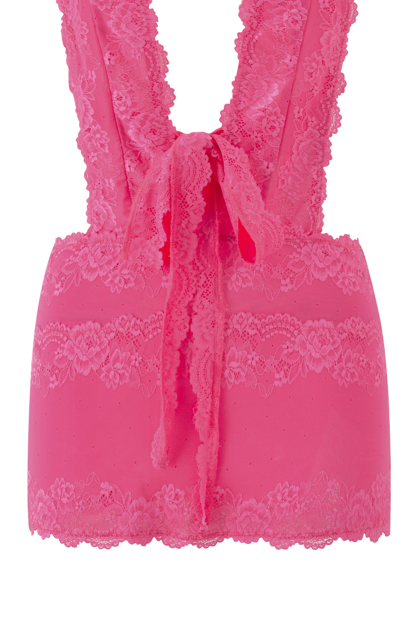 The STARLA MINI DRESS - PINK by I.AM.GIA features floral lace, a deep V-neck, open back, and wrap-around straps that tie at the waist in a bow.