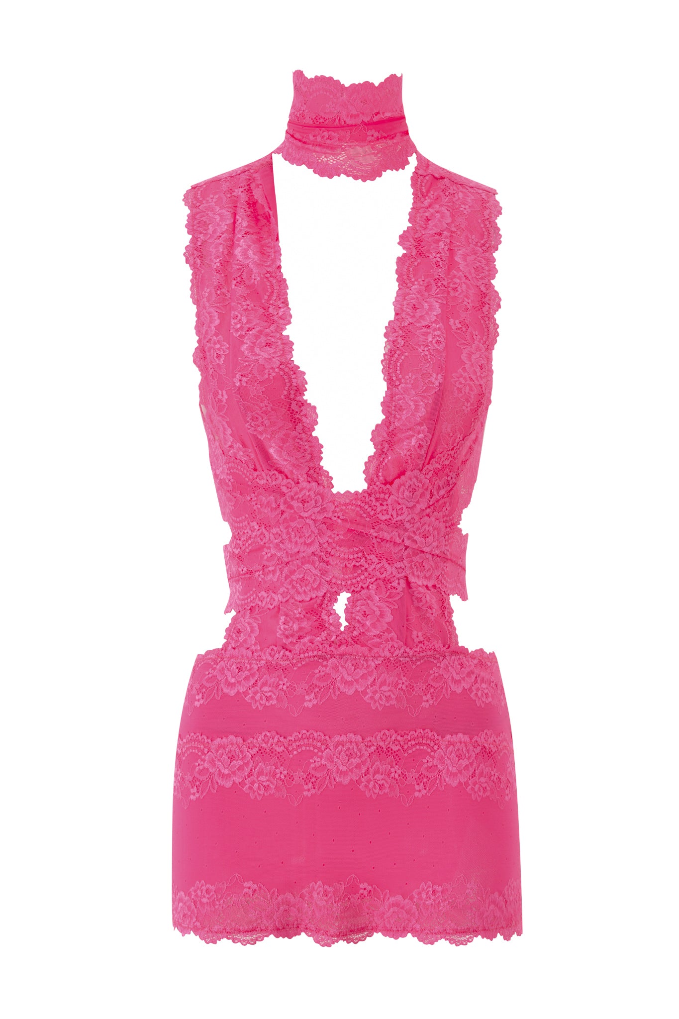 The STARLA MINI DRESS by I.AM.GIA is a bright pink lace bodycon mini dress featuring a deep plunging neckline, scalloped edges, wrap-around straps, and a matching choker collar.