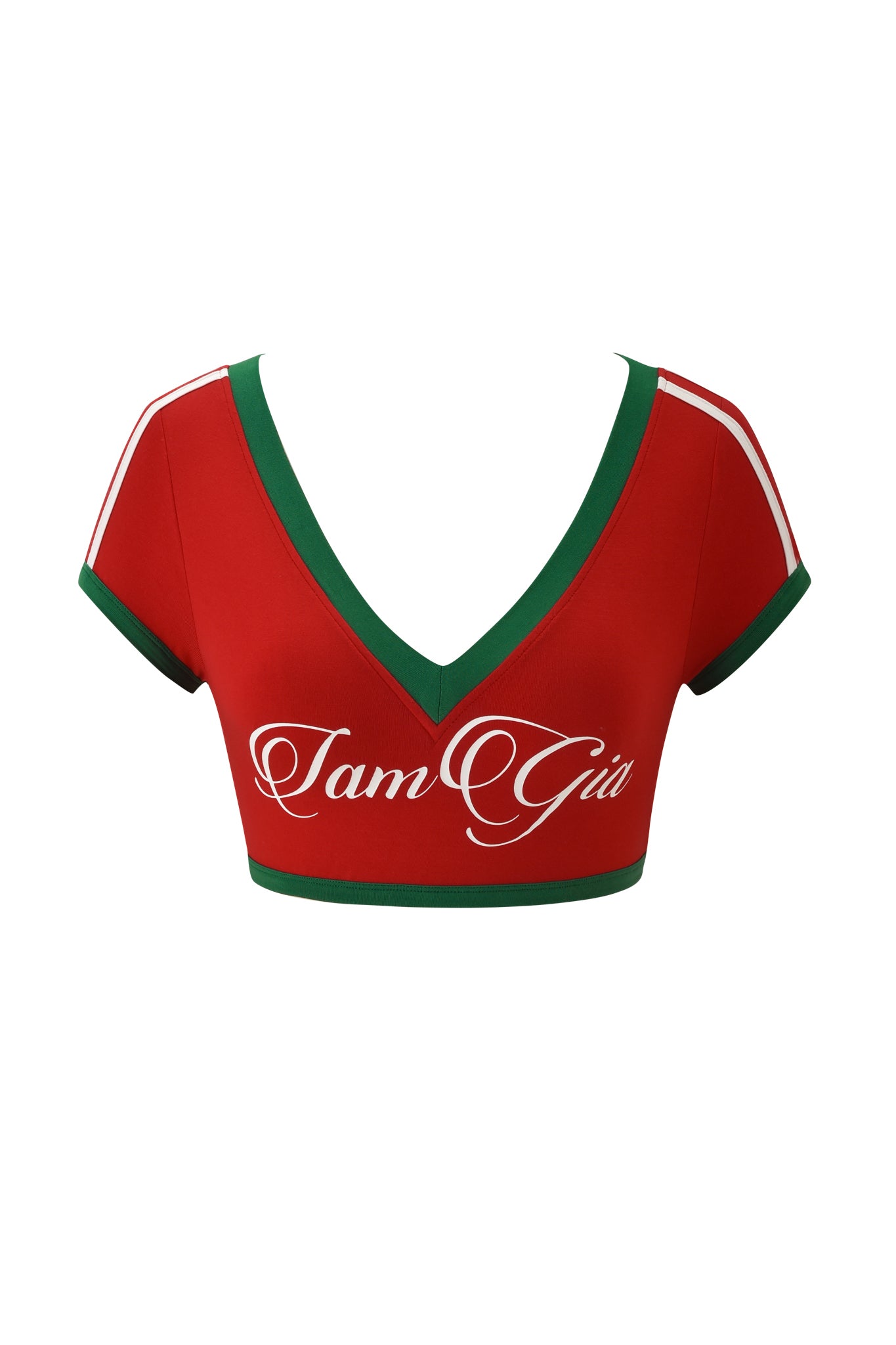 The BLARE SPORT CROP TEE AND HEADBAND - CRIMSON by I.AM.GIA is a red v-neck ultra cropped top with green trim, white shoulder stripes, and bold white "I AM GIA" script on the front.
