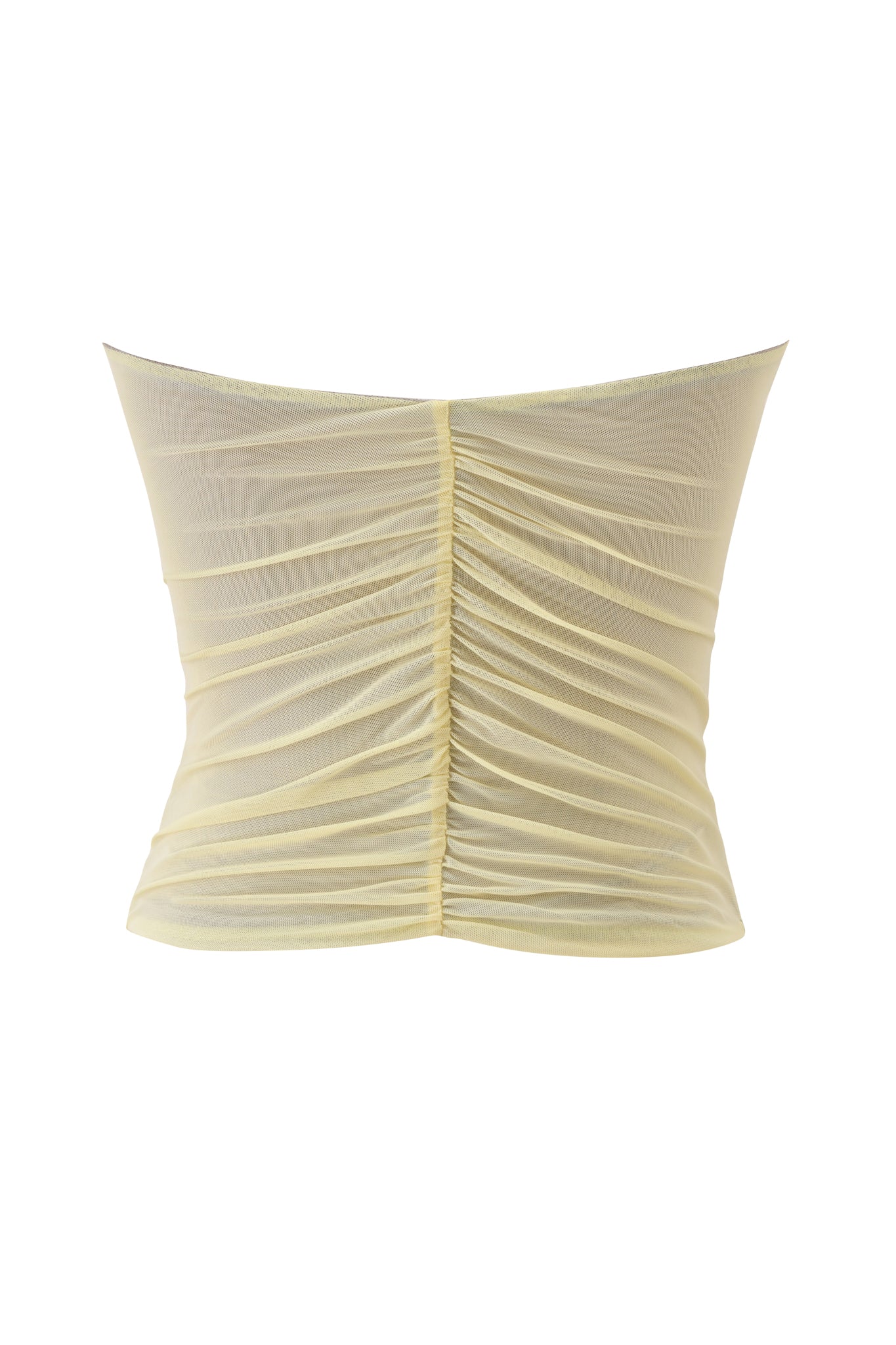 The I.AM.GIA AMATHA TUBE TOP in butter yellow features a strapless neckline and vertical ruched mesh fabric down the center.