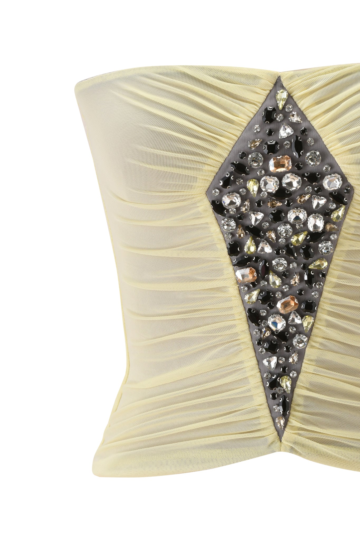The AMATHA TUBE TOP in butter yellow by I.AM.GIA is a strapless, ruched bustier with a central diamond-shaped panel adorned with multicoloured stones and shimmering crystals.