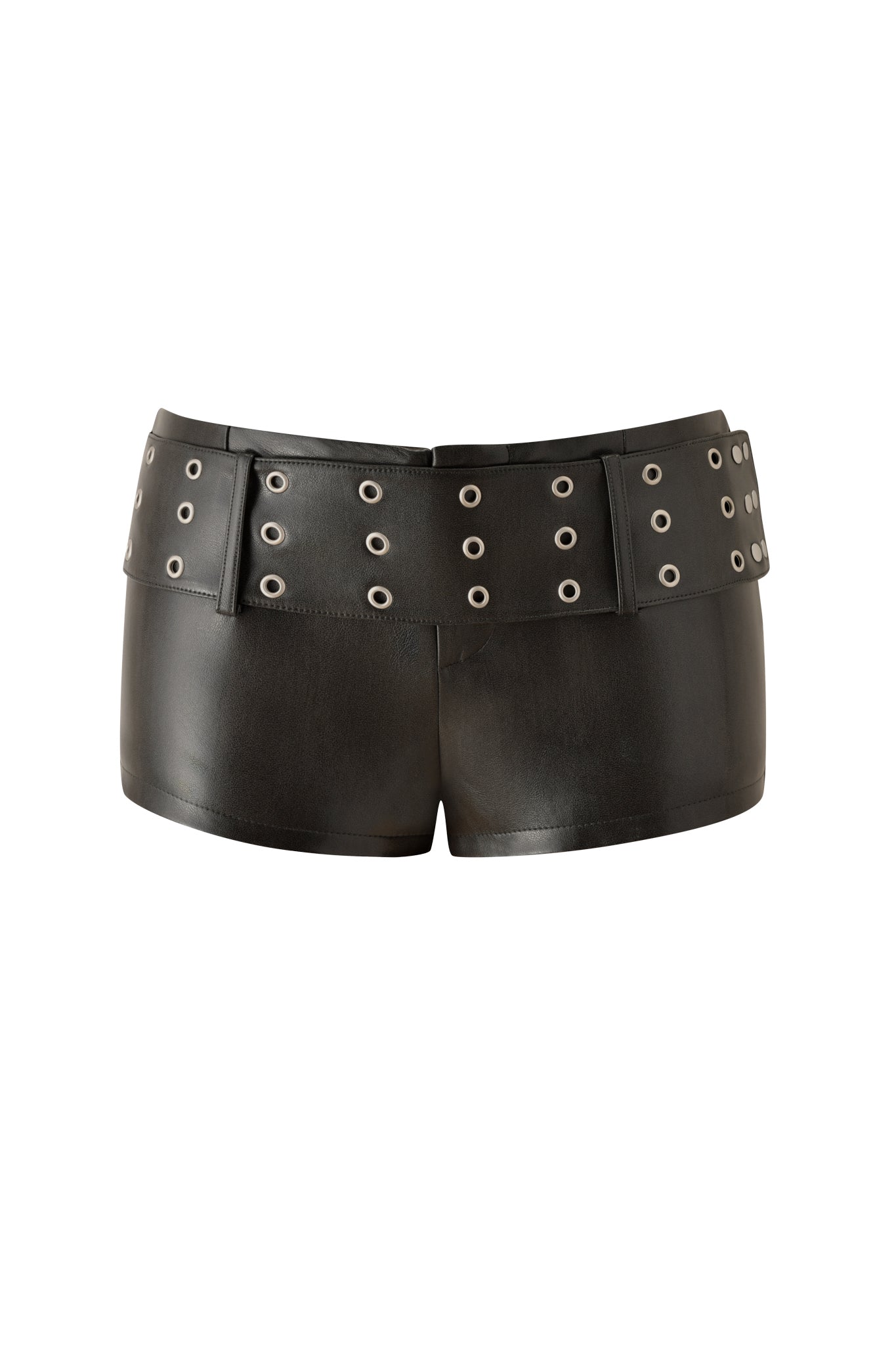 The DASHA SHORTS - GREY by I.AM.GIA are micro-mini faux leather shorts in a sleek grey finish, featuring a wide waistband adorned with multiple rows of silver grommets. These bold, edgy shorts have no visible branding or additional accessories.