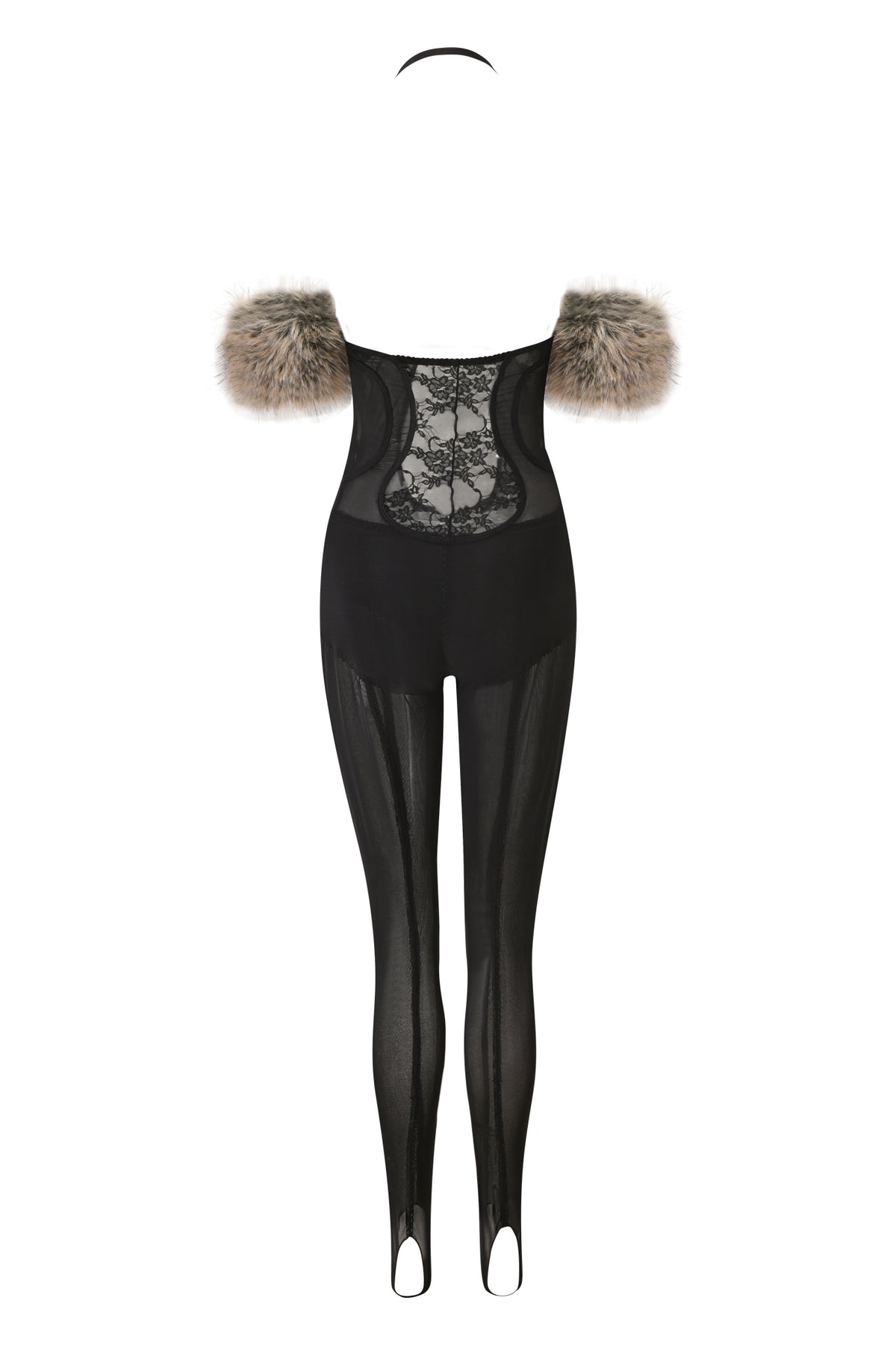 The AZARI CATSUIT - BLACK by I.AM.GIA is a striking black sheer lace bodysuit, featuring off-shoulder fur trim, an attached halter neck strap, and built-in stockings. Shown against a white background, it’s the perfect choice for an alluring Halloween costume.