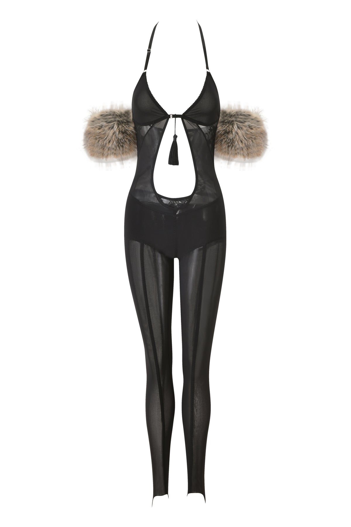 Turn heads in the I.AM.GIA AZARI CATSUIT - BLACK, a sheer black lace bodysuit with a deep neckline, cutout front, and spaghetti straps. Complete with fitted legs and striking fuzzy brown and gray faux fur accents on the upper arms, this bold piece is perfect for a daring Halloween costume or an unforgettable nighttime look.