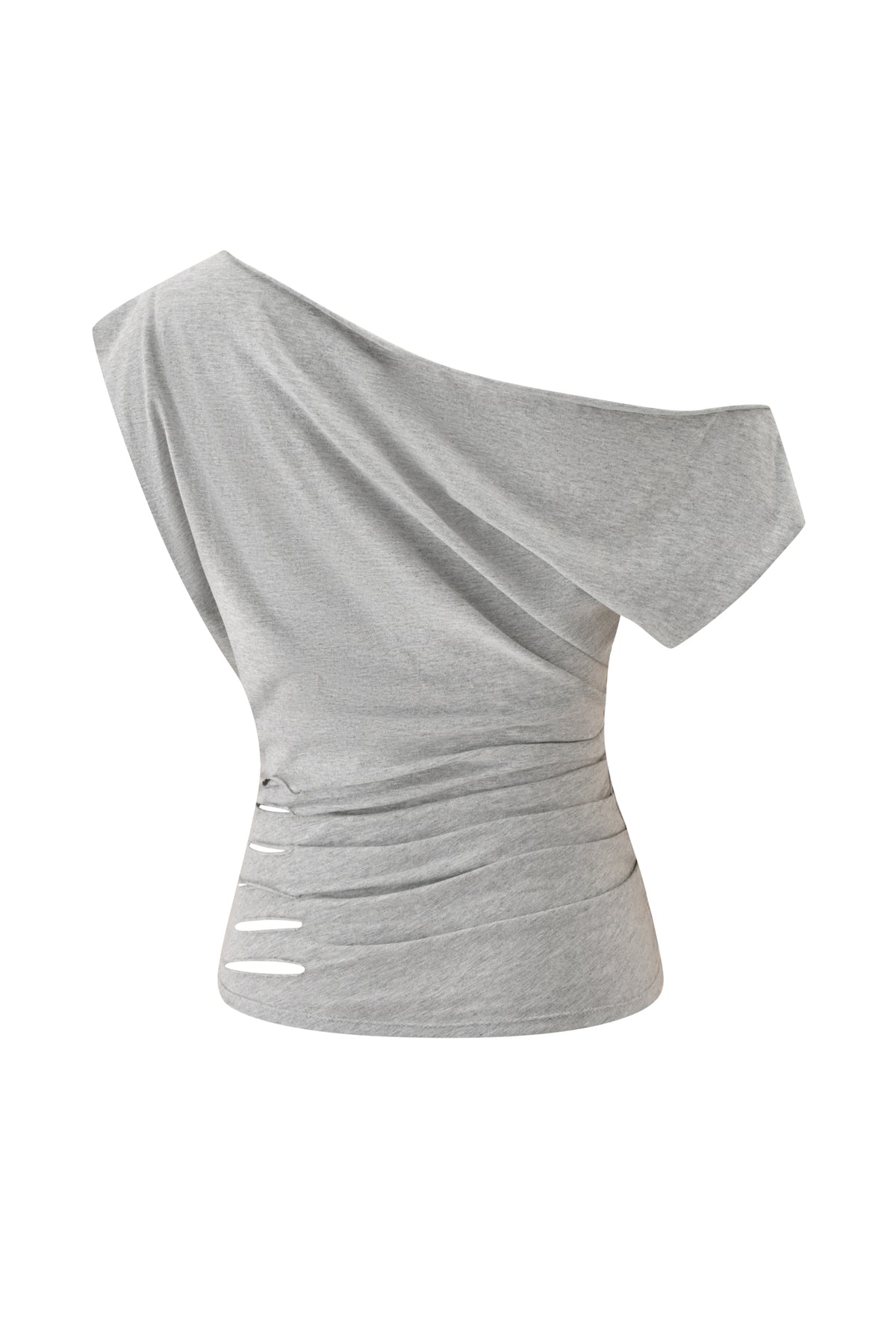 The BEX OFF SHOULDER TOP - GREY by I.AM.GIA is an exclusive women’s one-shoulder top featuring an asymmetrical design, ruched side detailing, and three small horizontal slits near the hem on one side. Crafted from soft, stretchy jersey fabric in a chic grey marle finish, this off-the-shoulder tee combines comfort with contemporary style.