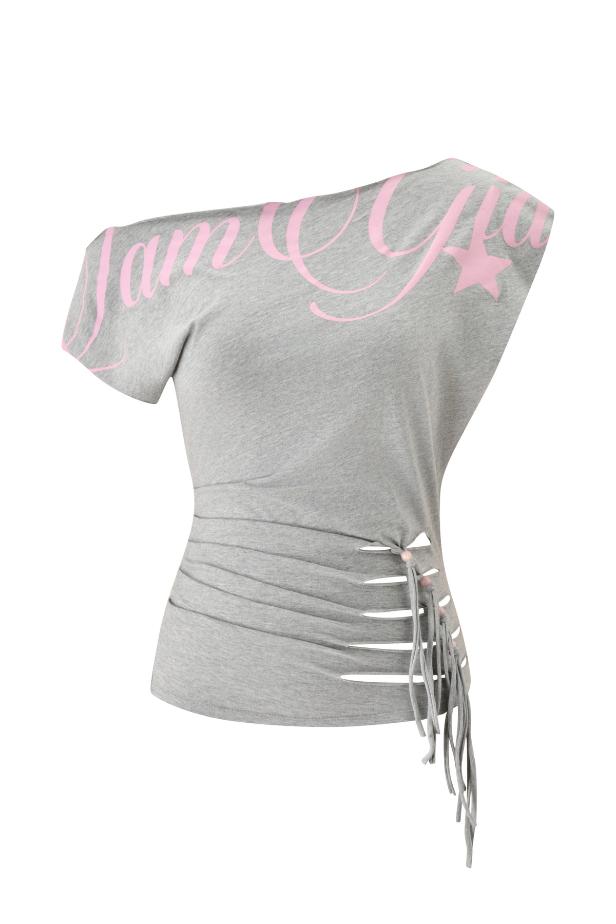 Introducing the BEX OFF SHOULDER TOP - GREY by I.AM.GIA. This exclusive grey marle jersey tee features short sleeves and an off-the-shoulder neckline, accented with pink cursive script and a star detail. The side is styled with ruched gathering and tied laces for a chic, asymmetrical silhouette, delivering a bold yet effortless addition to your wardrobe.