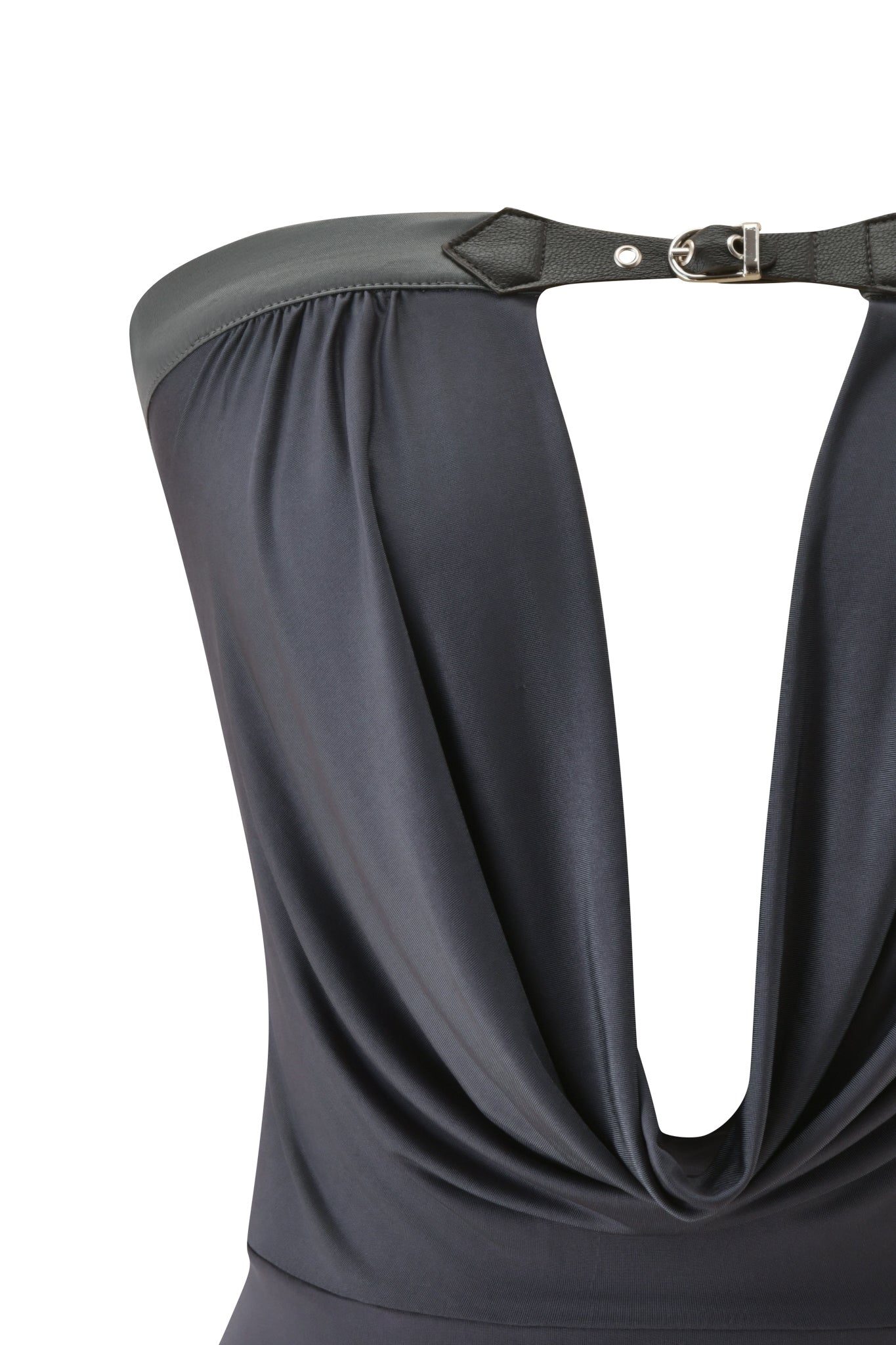 Close-up of the JENNA TOP by I.AM.GIA in grey, featuring a dark draped halter design with a deep V-neckline, bodycon silhouette, black leather trim at the top, and a silver buckle fastening at the neck.