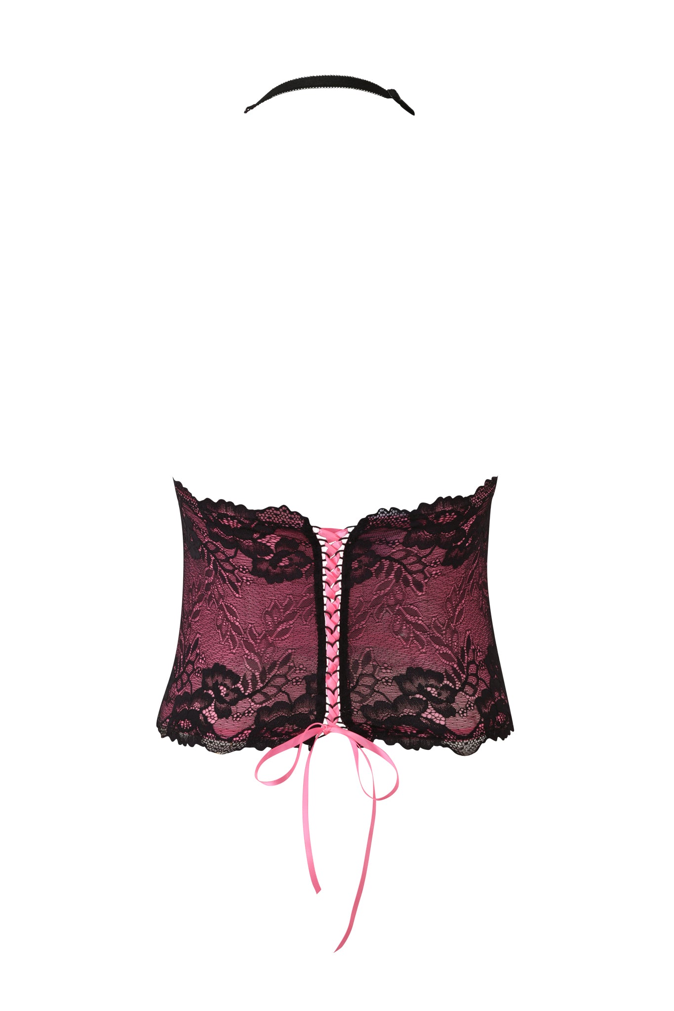 The TIFFANY TOP - PINK by I.AM.GIA is a black lace halter bralette with pink floral accents, featuring a pink satin front lace-up ribbon and a slim black halter neck strap.