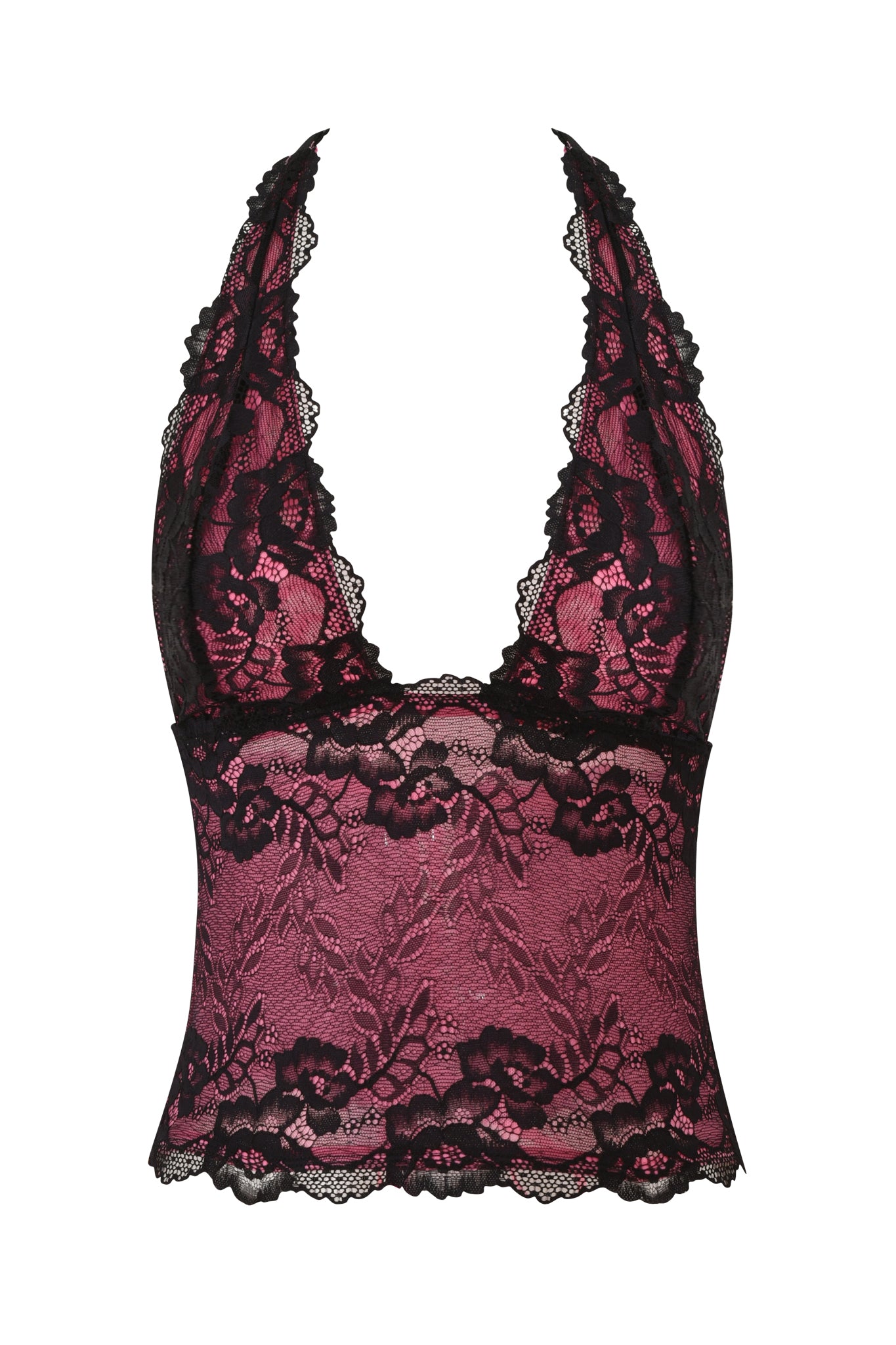 The TIFFANY TOP - PINK by I.AM.GIA features a black lace halter design with a deep V neckline, floral lace pattern, and sheer pink lining—offering an elegant yet bold take on the classic bodycon halter top.