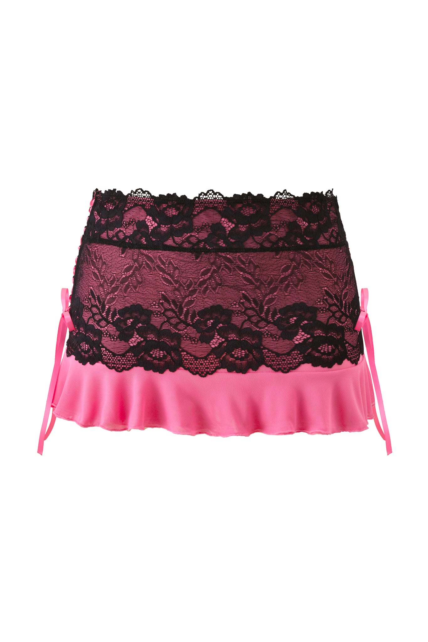 The TIFFANY SKIRT - PINK by I.AM.GIA is a hot pink mesh bodycon mini skirt with a black lace floral overlay, ruffled hem, and pink ribbon ties on the sides, shown against a white background.