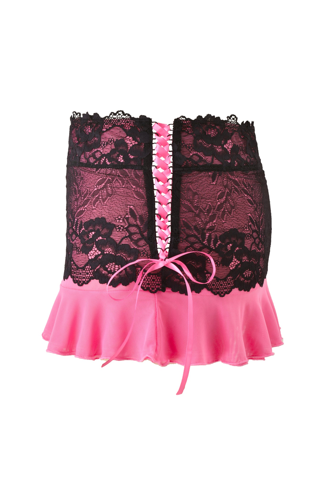 The TIFFANY SKIRT - PINK by I.AM.GIA features black floral lace over pink fabric, a ruffled hem, pink ribbon lacing up the front, a bow at the waist, and comes with a matching black lace mini skirt, shown against a white background.
