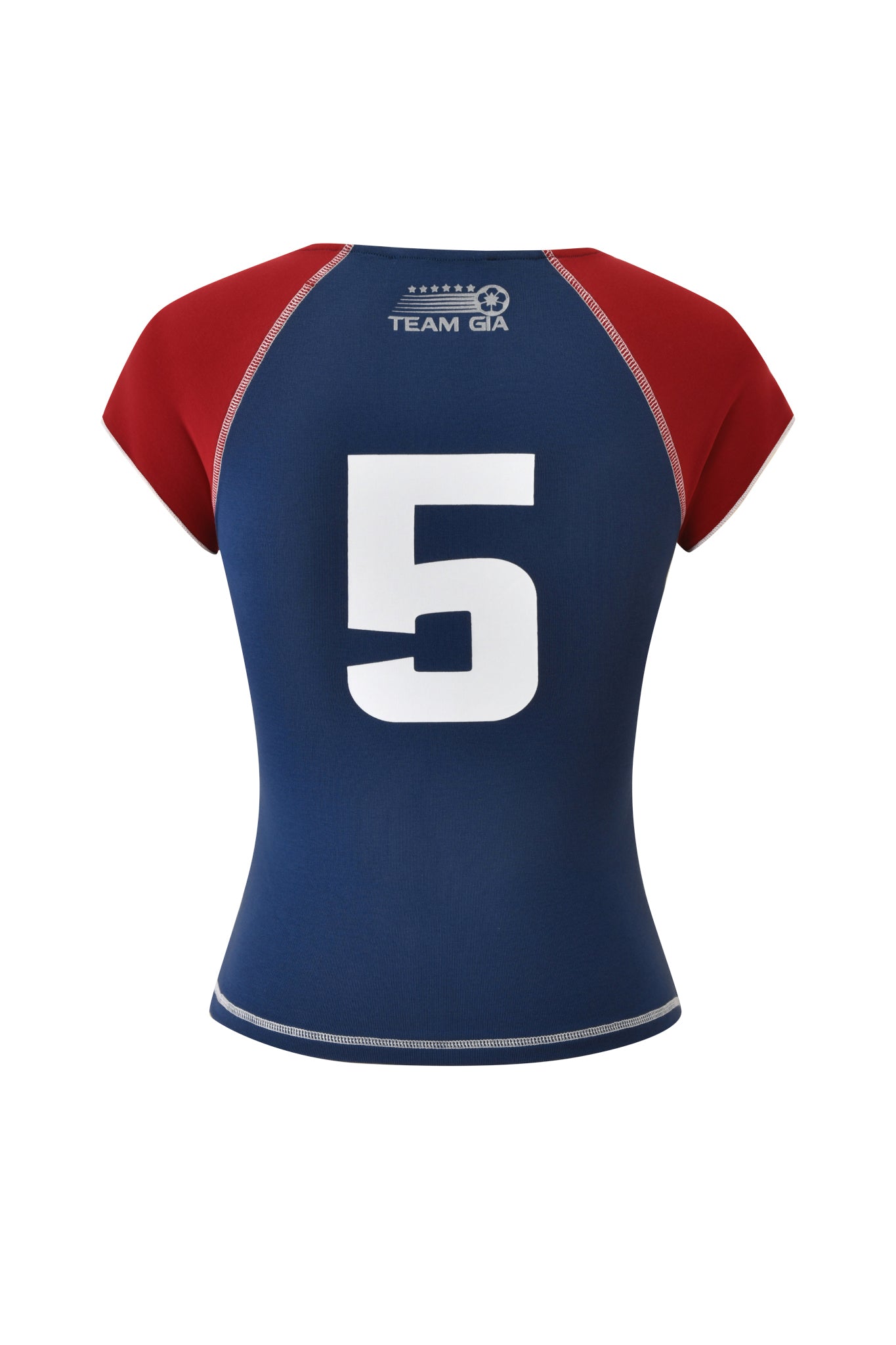 A navy NOVIA Lace-Up T-Shirt by I.AM.GIA, featuring sporty stretch cotton, red short sleeves, large white number 5 print, and "TEAM GIA" with a logo above it on the upper back. Includes matching headband.