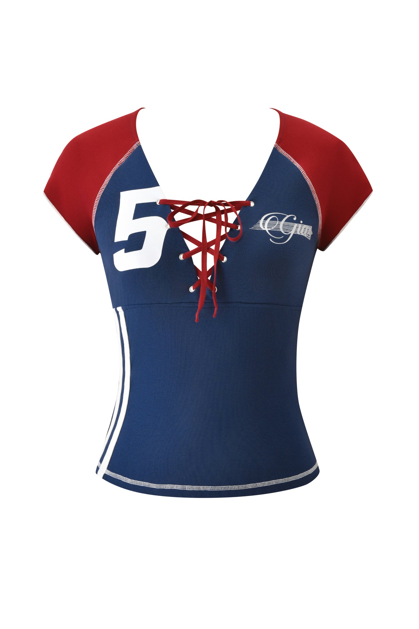 The I.AM.GIA NOVIA Lace-Up T-Shirt and Headband in navy is a fitted, short-sleeve stretch cotton soccer jersey featuring a lace-up front, white number 5 on the left chest, script on the right, and two vertical white stripes at the hem.