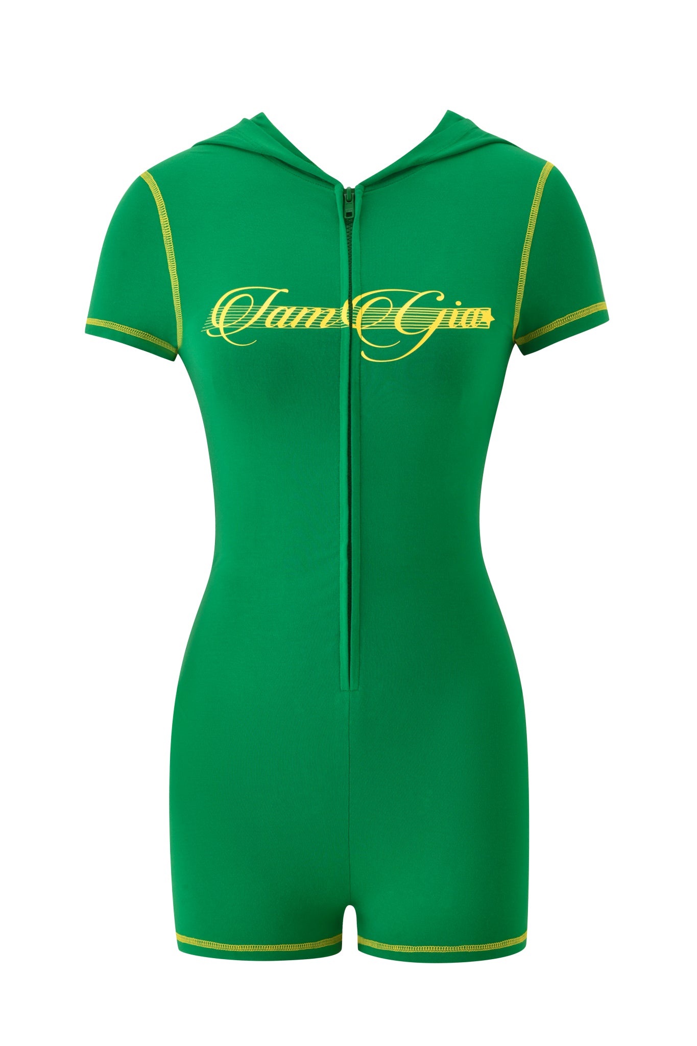 The BLARE CAP SLEEVE ROMPER - GREEN by I.AM.GIA is a vibrant green, short-sleeve, bodycon romper with yellow trim, hood, front zipper, and "I.AM.GIA" in yellow script on the chest.