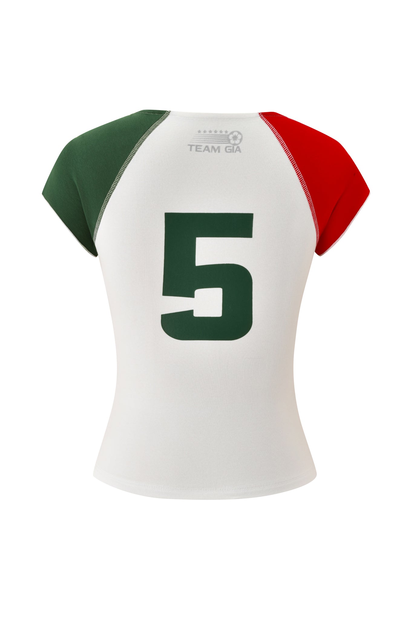 Back view of the NOVIA LACE-UP T-SHIRT AND HEADBAND - WHITE by I.AM.GIA, featuring a stretch cotton baby tee with a large green 5, white body, green left shoulder, red right shoulder, and "TEAM GIA" in gray on the upper back.