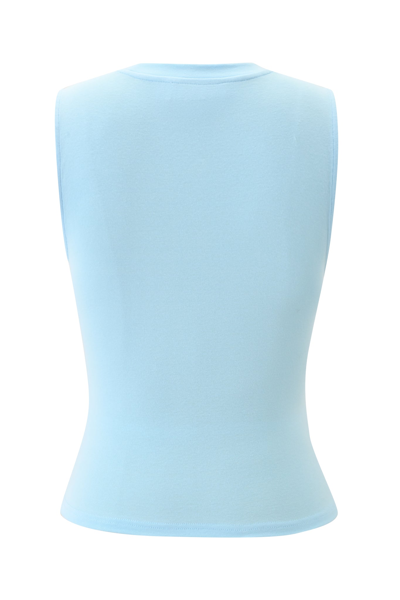 The I.AM.GIA COURTNEY TANK - LUCKY YOU is a sleeveless muscle tank in powder blue, shown from the back with a fitted, slightly flared hem and a seamless design on a white background.