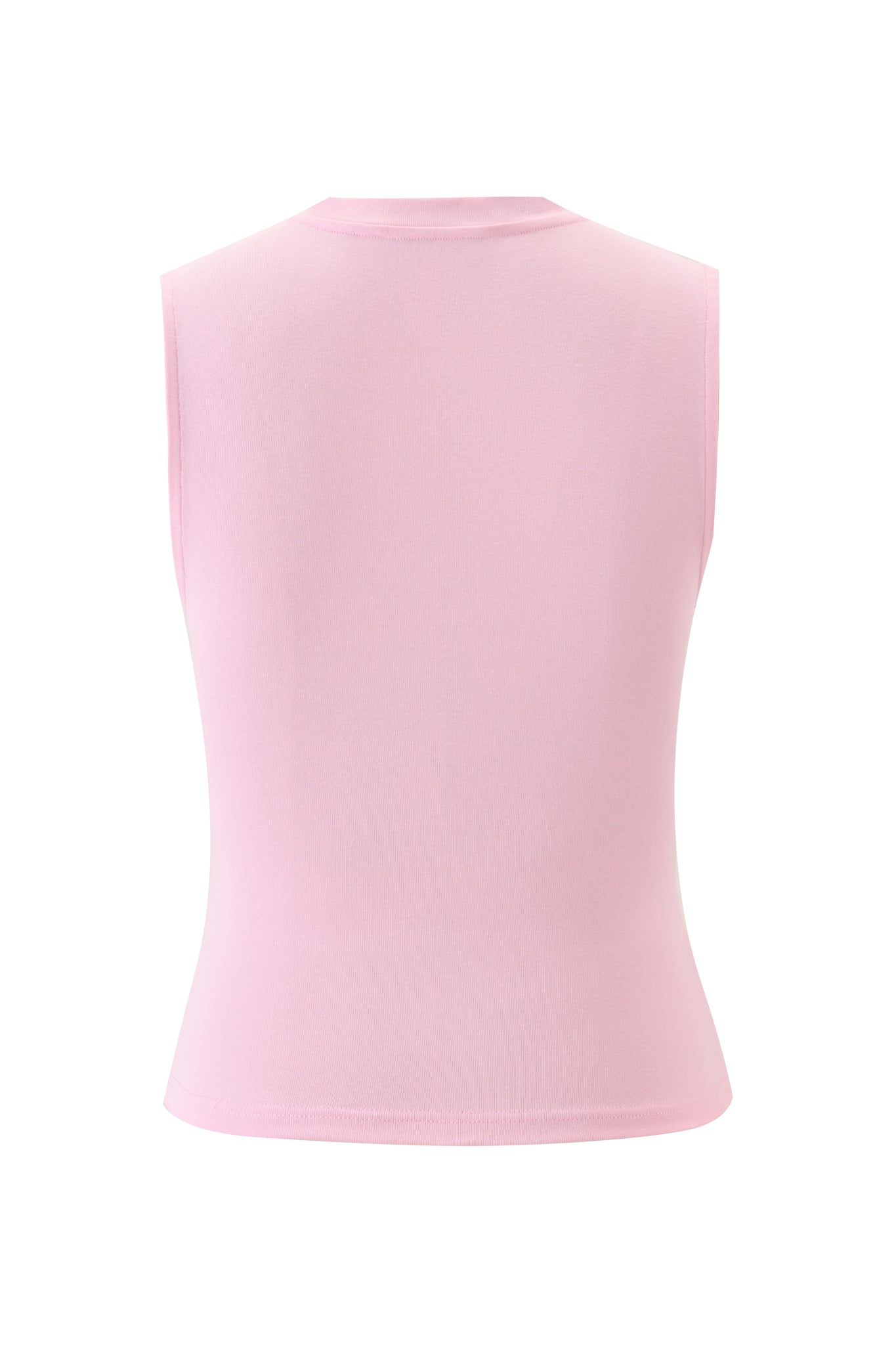The COURTNEY TANK - SUPER MODEL by I.AM.GIA is a sleeveless baby pink muscle tank with a crew neck, shown from the back on a white background. It features smooth fabric and a bodycon fit for a flattering silhouette.