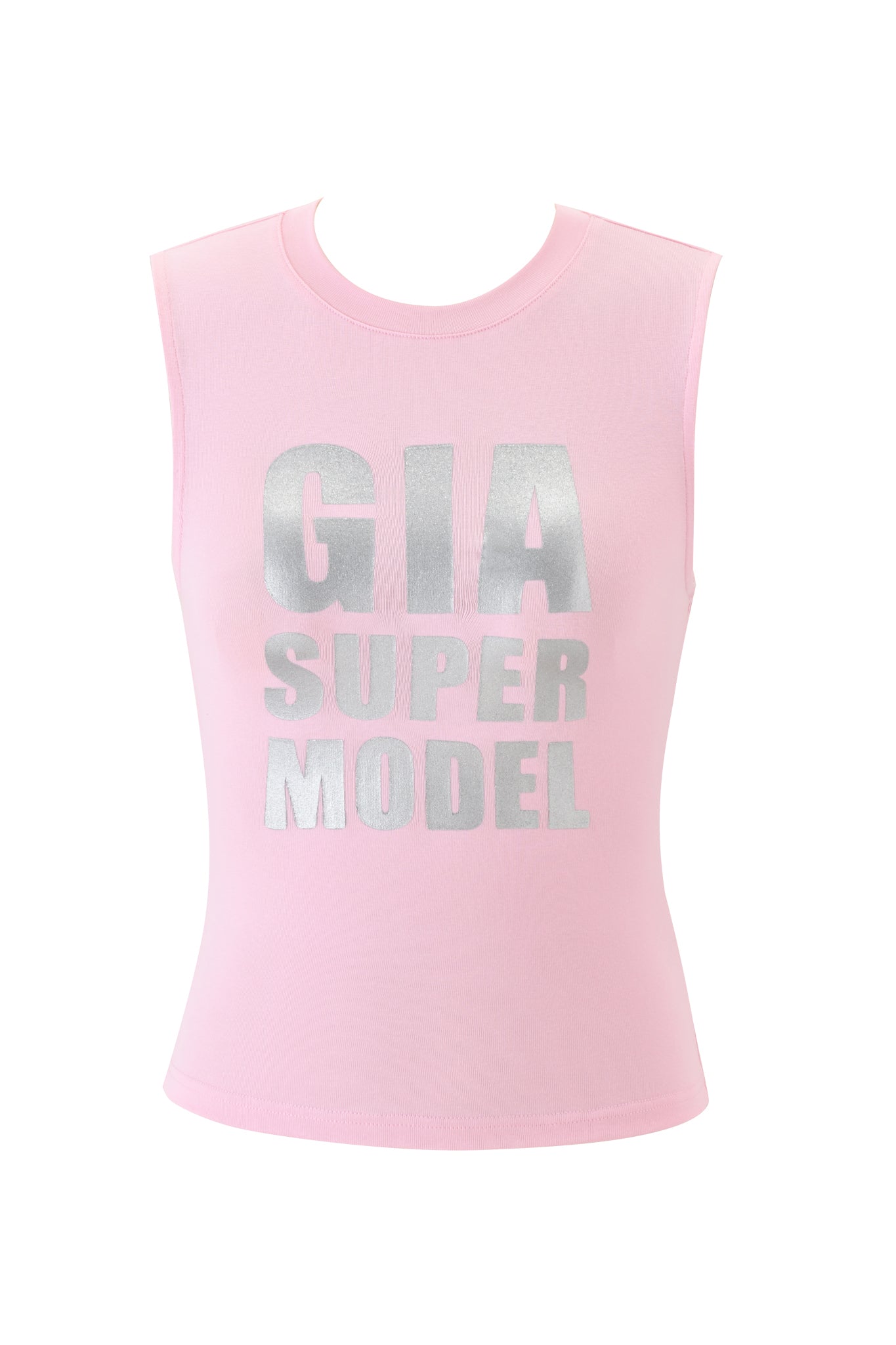 The COURTNEY TANK - SUPER MODEL by I.AM.GIA is a bodycon baby pink muscle tank with bold "GIA SUPER MODEL" silver glitter lettering across the front.