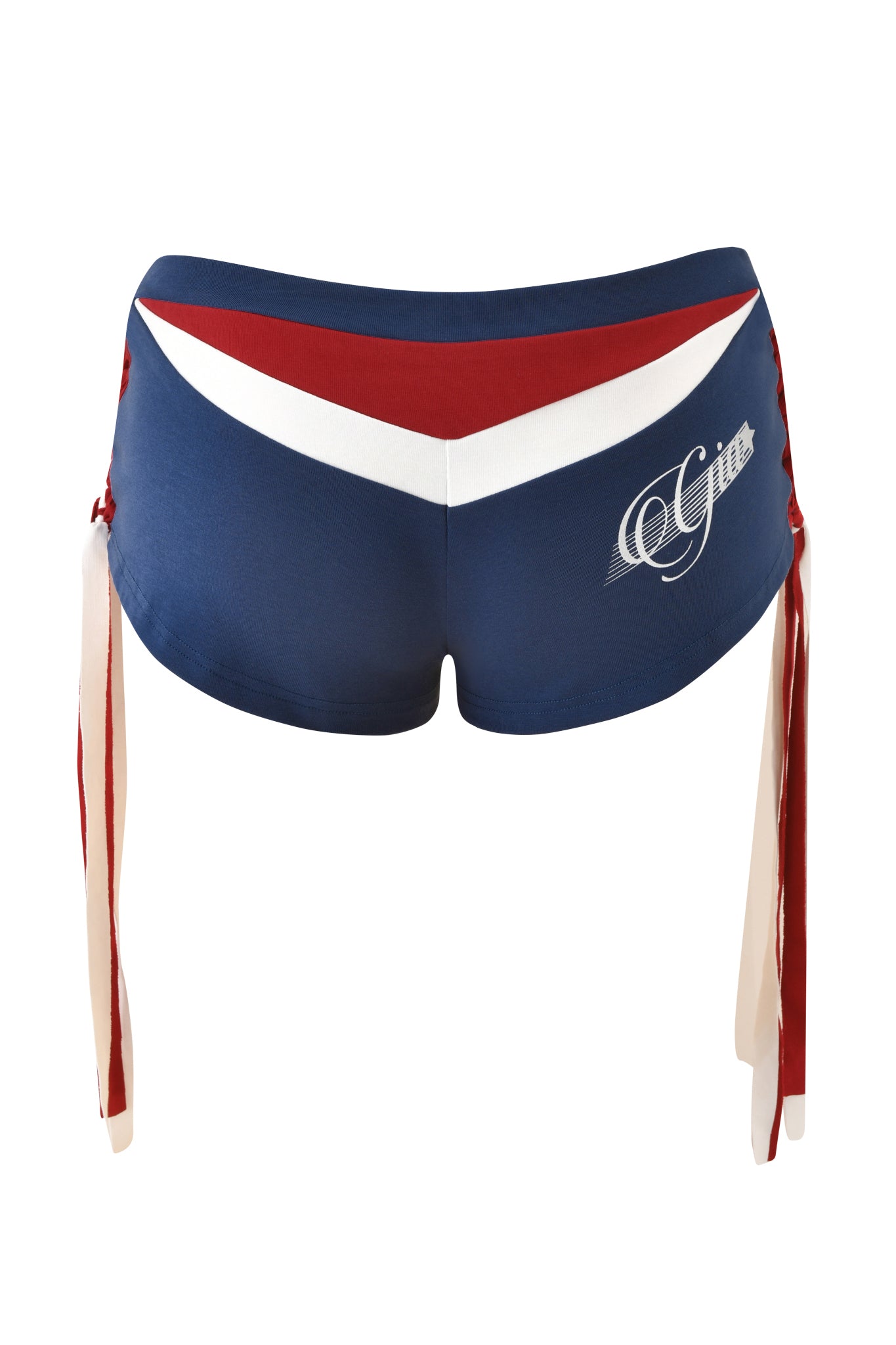 The I.AM.GIA NOVIA MICRO SPORT SHORT in navy features a red and white chevron waistband, side ties, and a white "Queen" script logo on the right. These stretch cotton low-rise soccer shorts are shown from the back for a sporty look.