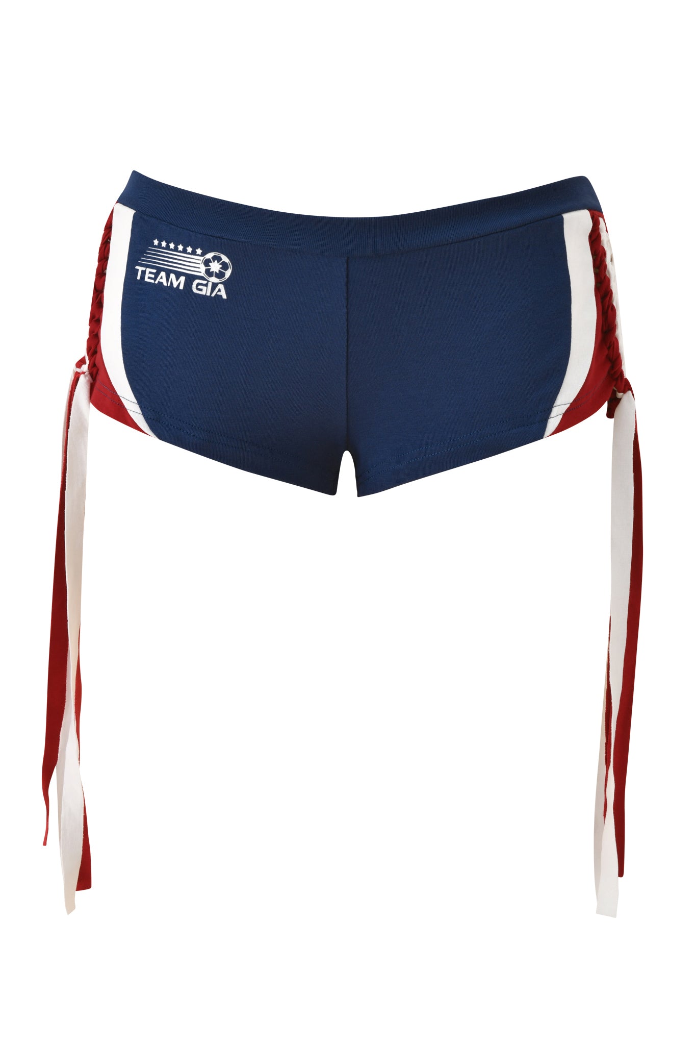 The NOVIA MICRO SPORT SHORT - NAVY by I.AM.GIA features stretch cotton, "TEAM GIA" with a soccer ball graphic on the left, red and white side panels, lace-up ribbons on both sides, and a trendy low rise fit.