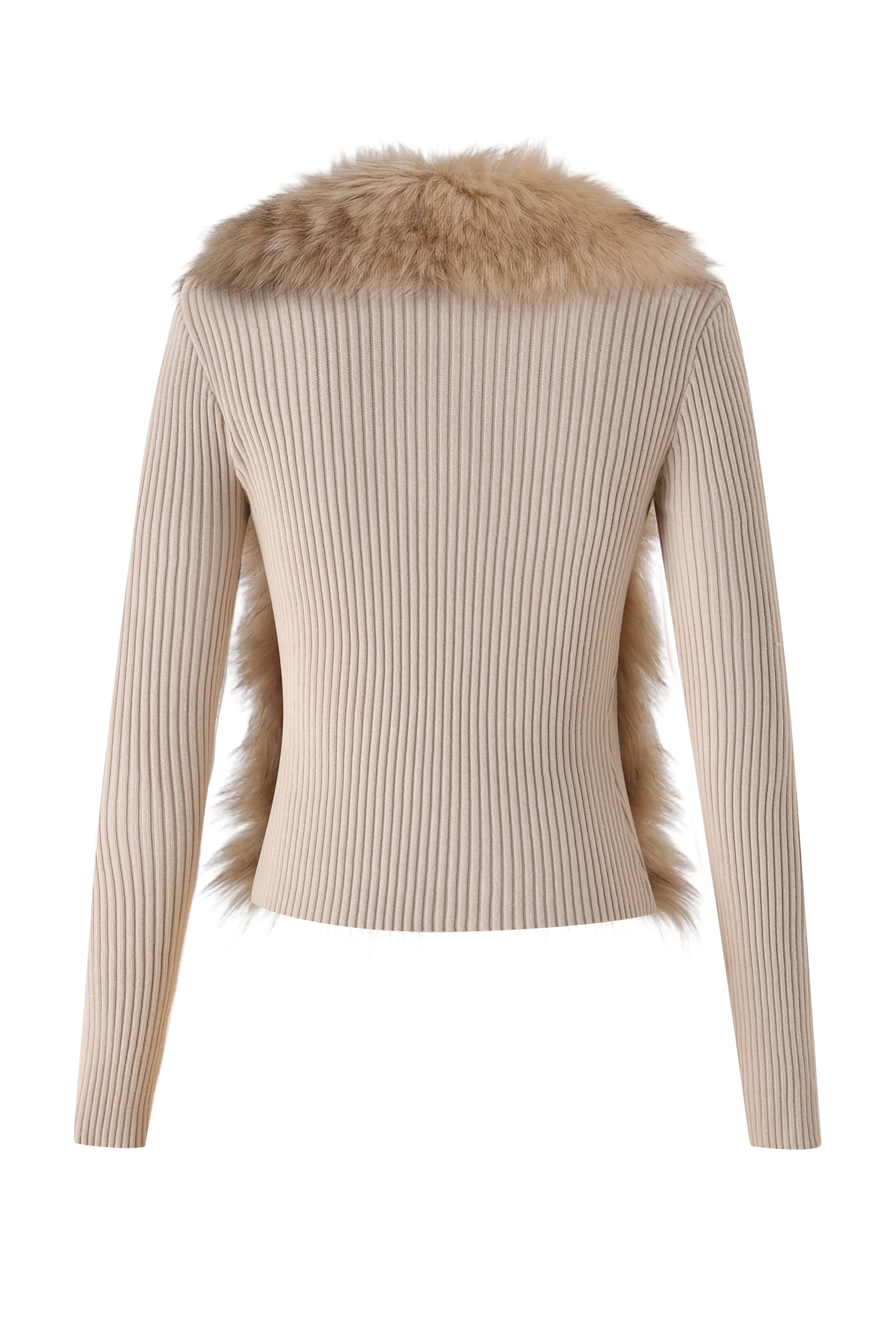 The KYTIA FAUX FUR CARDIGAN by I.AM.GIA in beige, featuring ribbed long sleeves and plush faux fur collar with fur trim along the sides, is shown from the back against a white background—a cozy choice for winter layering.