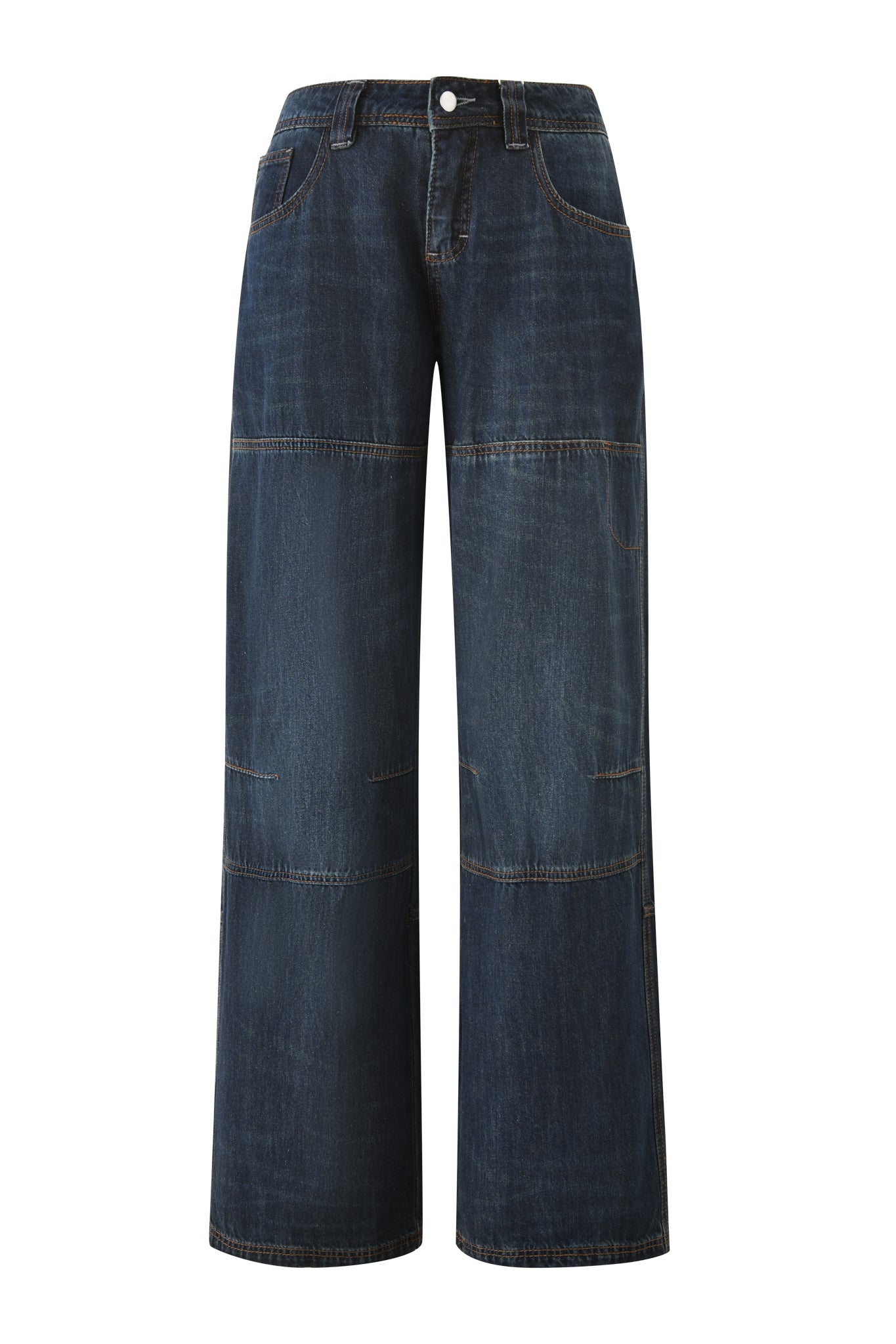 The I.AM.GIA MISTY JEAN - BLUE DUSTY WASH features wide-leg dark blue denim, visible horizontal seam details, front pockets, and a button waistband for a relaxed update to classic straight jeans.