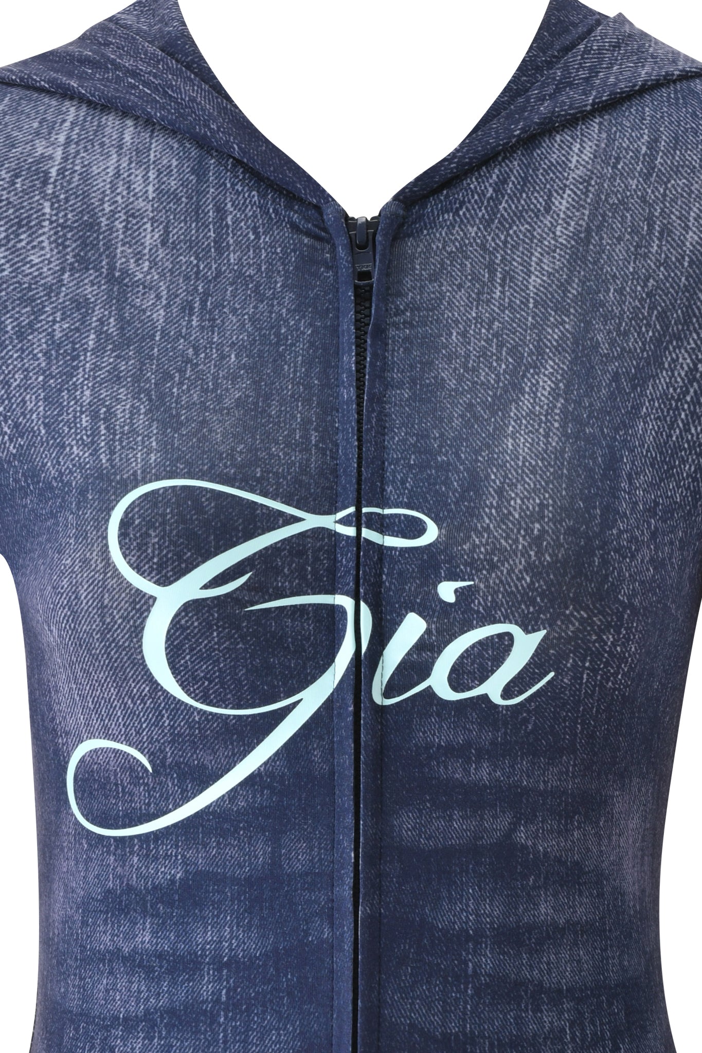 Close-up of the BLARE HOODIE - DARK DENIM by I.AM.GIA, featuring a dark denim print, zipper, and bold white "Gia" lettering on soft bamboo fabrication.