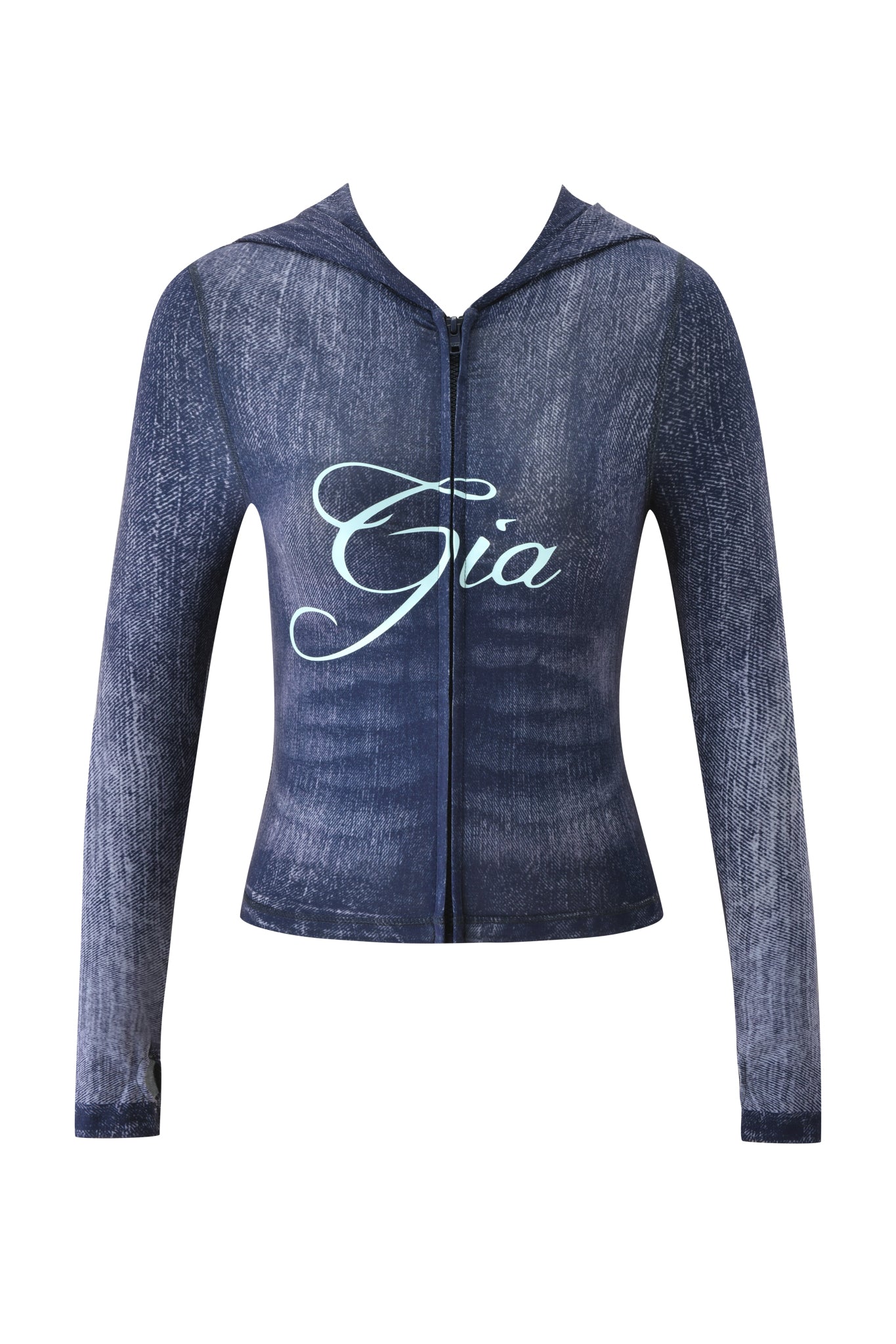 The BLARE HOODIE - DARK DENIM by I.AM.GIA features long sleeves, a zip-up front, and "Gia" in bold white script across the chest on blue fabric.