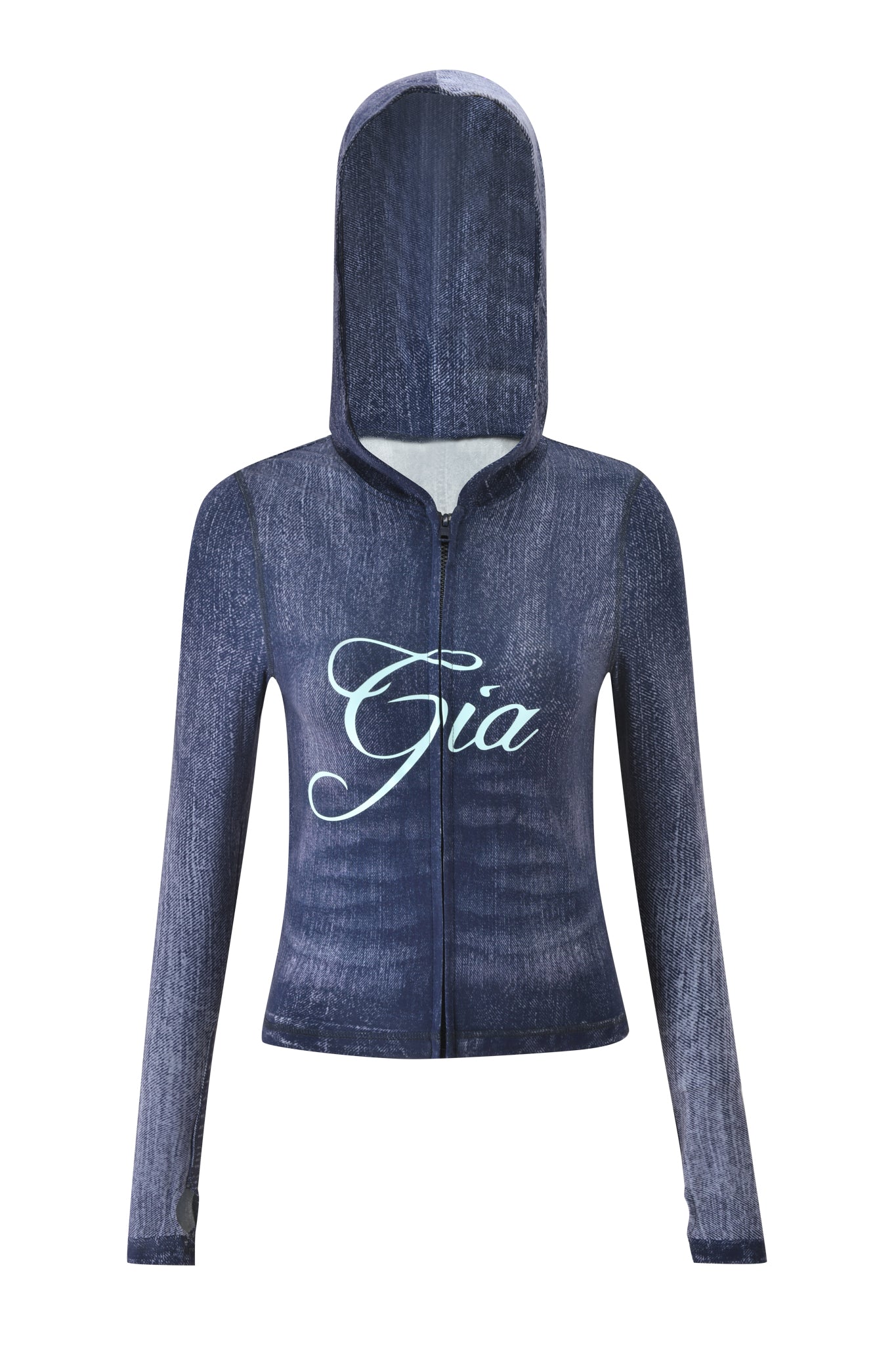 The BLARE HOODIE - DARK DENIM by I.AM.GIA is a blue zip-up hoodie with long sleeves, a hood, soft bamboo fabric, and "Gia" in large white script across the front.