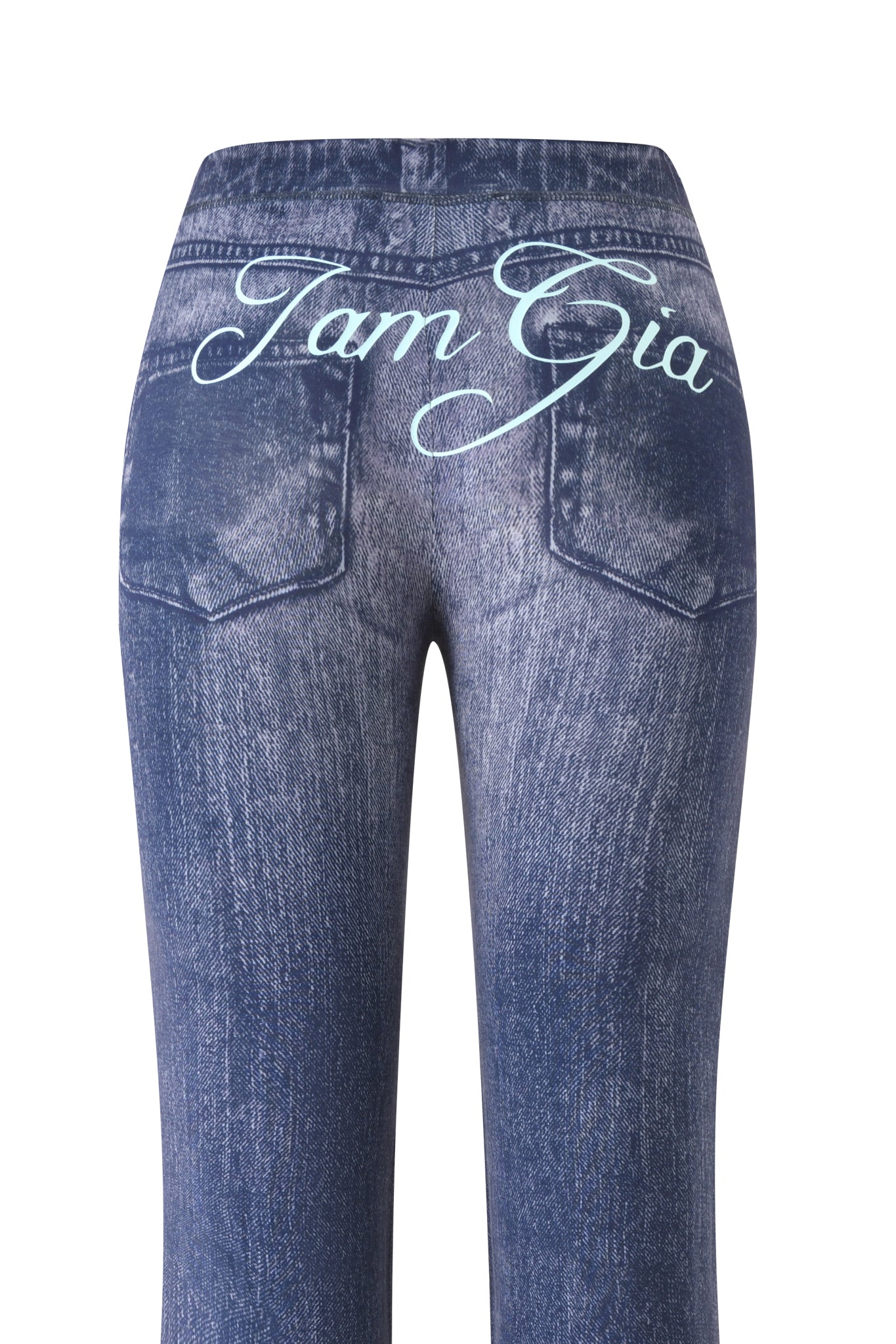 Back view of I.AM.GIA BLARE TRACKPANT - DARK DENIM, featuring two pockets and "Tam Gia" in script across the upper back.