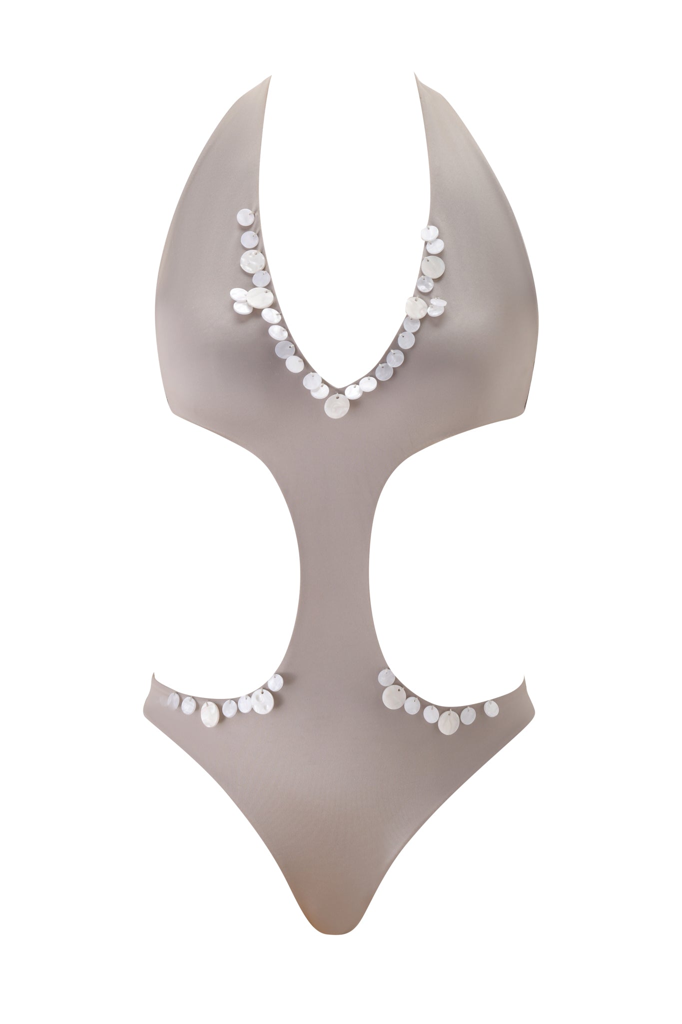 The I.AM.GIA GENE EMBELLISHED ONE PIECE SWIMSUIT - PEARLESCENT is a beige cut-out halter style with a deep V-neckline and decorative white pearlescent circular accents at the neckline and waist.