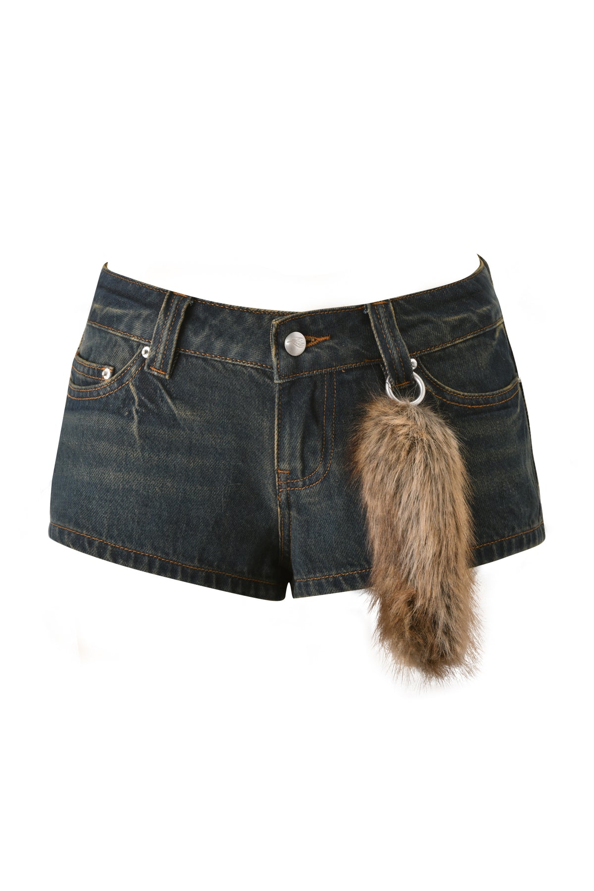 I.AM.GIA BODI DENIM HOT SHORT – DENIM: These dark micro denim shorts feature a playful faux animal tail attached to the right belt loop and are shown against a plain white background—ideal for festival styling or adding a fun, faux fur accent to your party look.