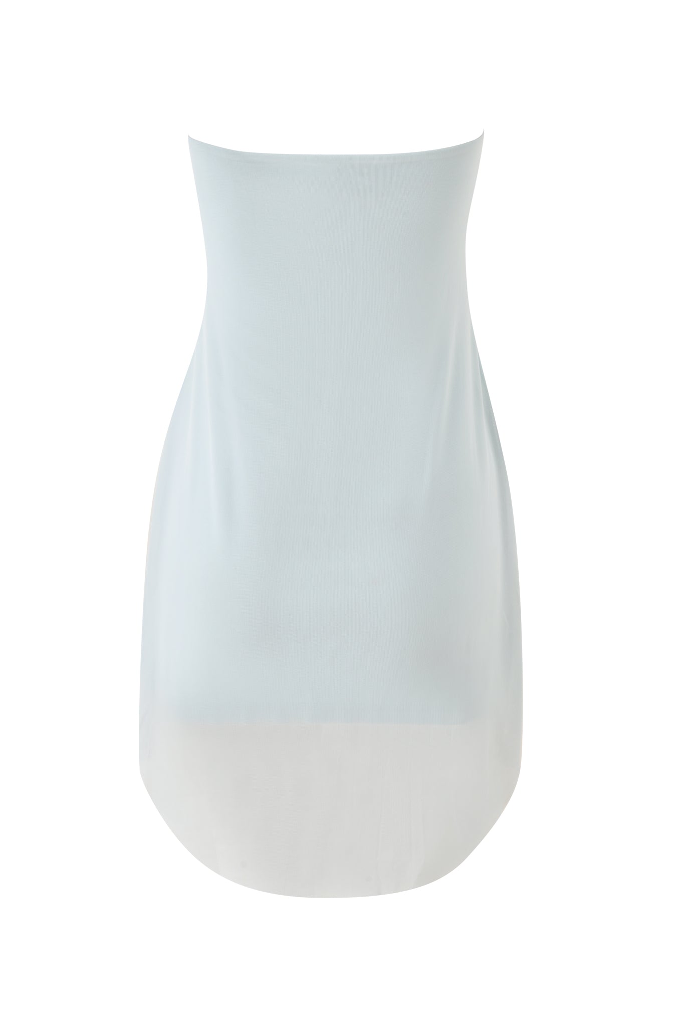 The ARIEL MINI DRESS - BABY BLUE by I.AM.GIA, strapless and sheer, is shown flat on a white background. This semi-transparent, form-fitting piece can be styled as a mini skirt or worn as a tube top.