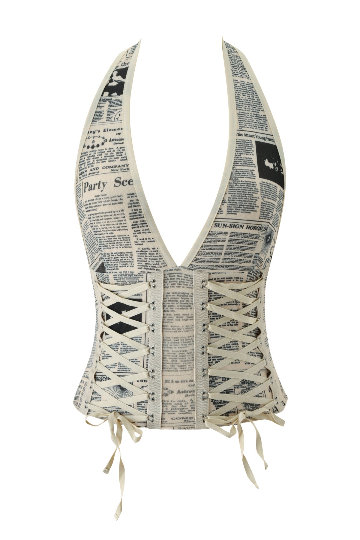 Introducing the I.AM.GIA SORA TOP - LEFT ON READ: This striking corset top showcases a unique newspaper print, halter-style design, deep V-neckline, and lace-up detailing at the front with cream-colored ribbon ties at the hem. Its flattering bodycon fit effortlessly highlights your curves for a bold and stylish look.