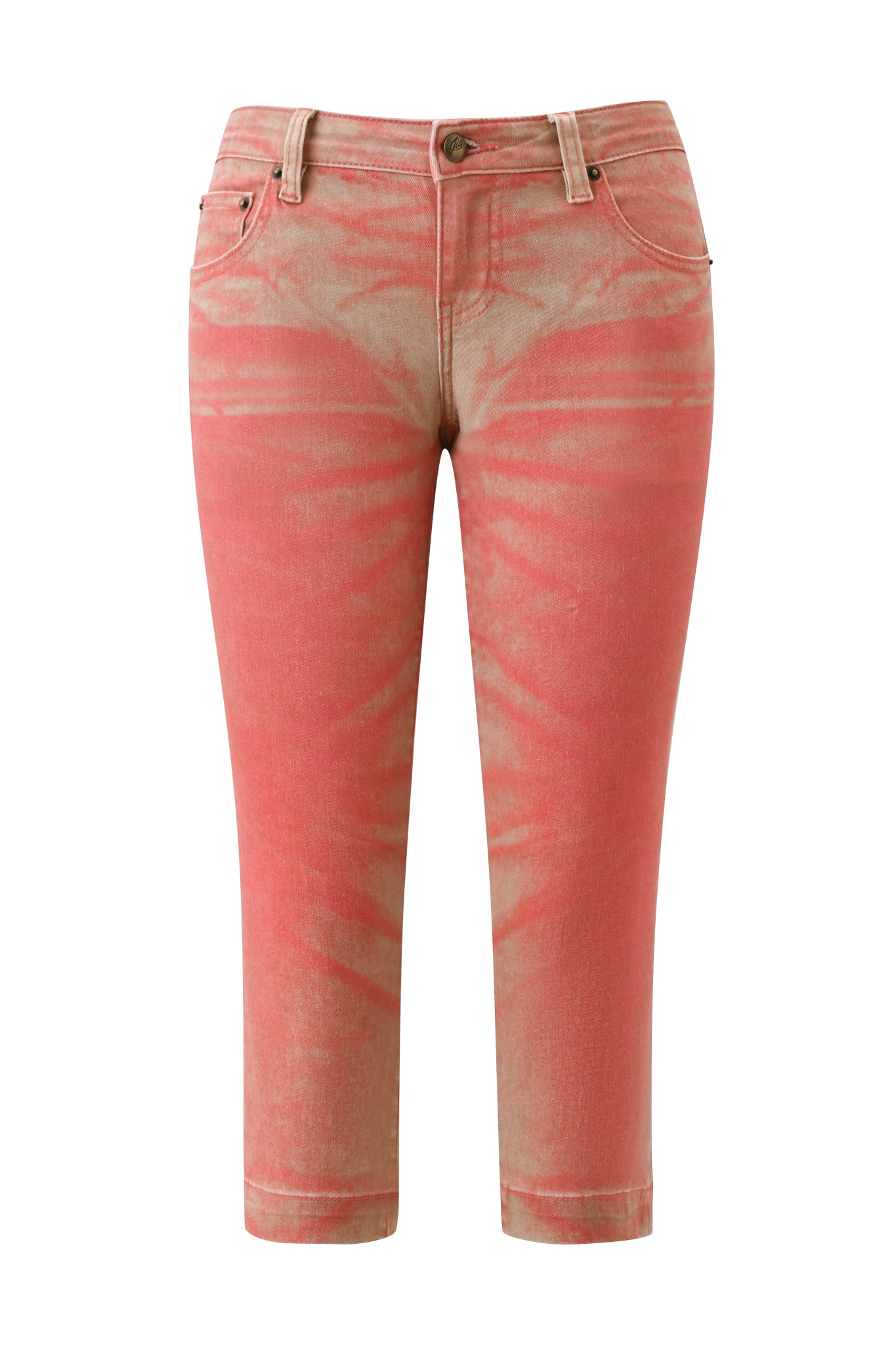 Introducing the I.AM.GIA SUNSET CAPRI JEAN - PEACH, crafted from stretch denim in a stylish peach ombré wash. These cropped jeans feature front and back pockets, belt loops, and a classic button-zip closure, offering an on-trend look perfect for any occasion.